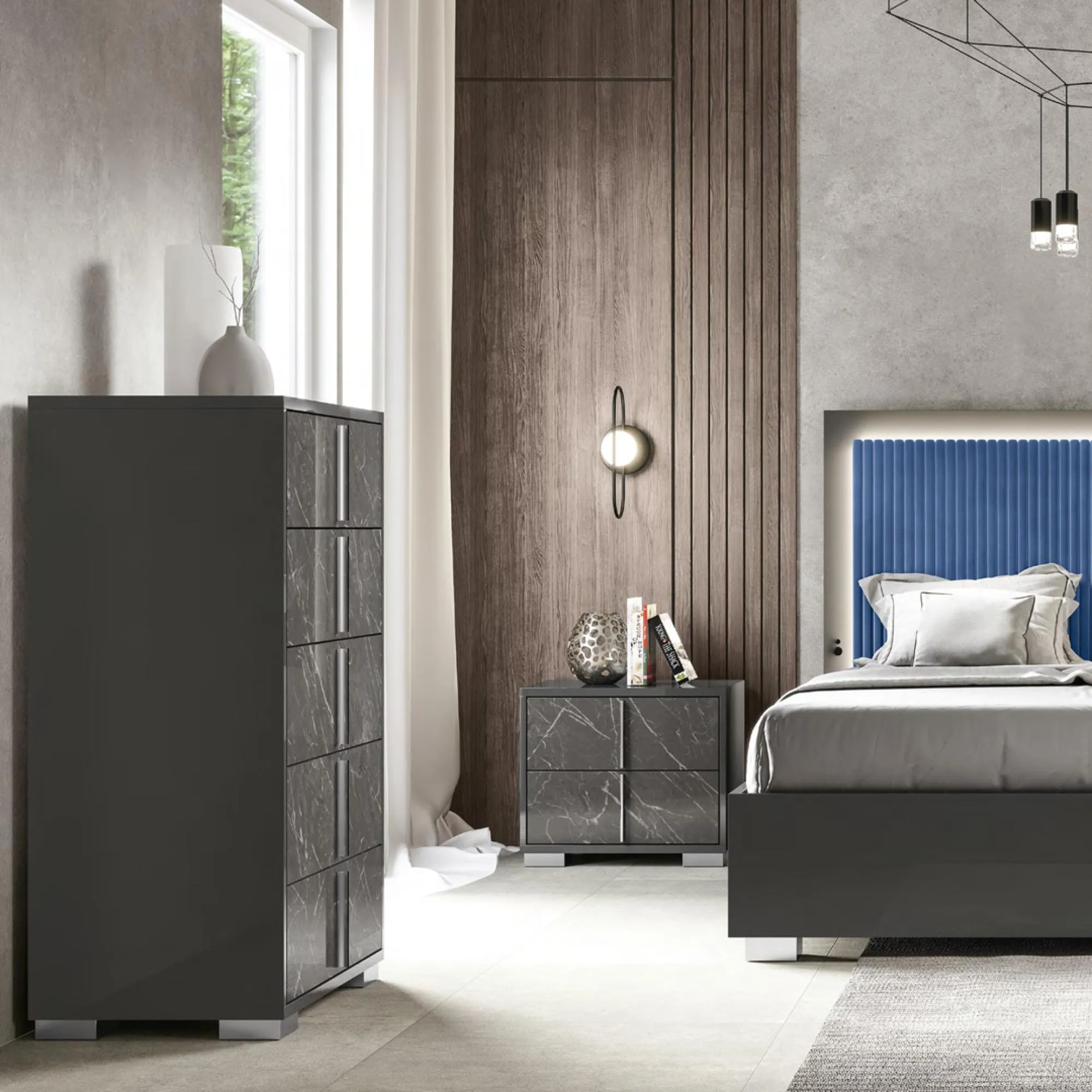 Carvelle Night 5 Drawer Tallboy Chest - Glossy Grey, Particle Board