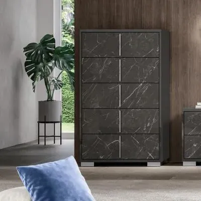 Carvelle Night 5 Drawer Tallboy Chest - Glossy Grey, Particle Board