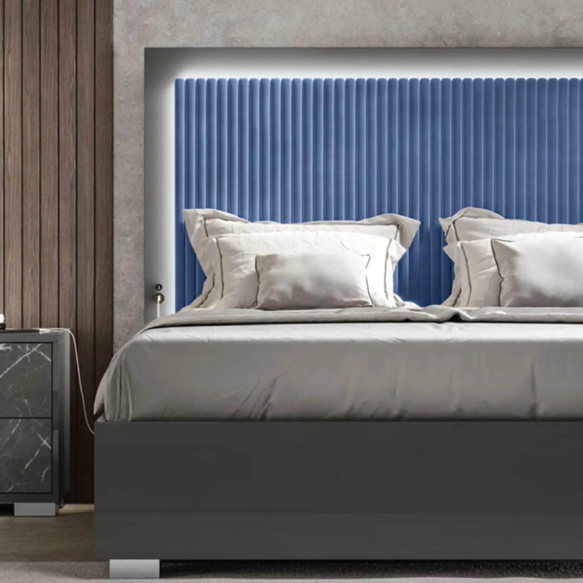 Carvelle Night Italian Quilted Headboard Bed - Blue