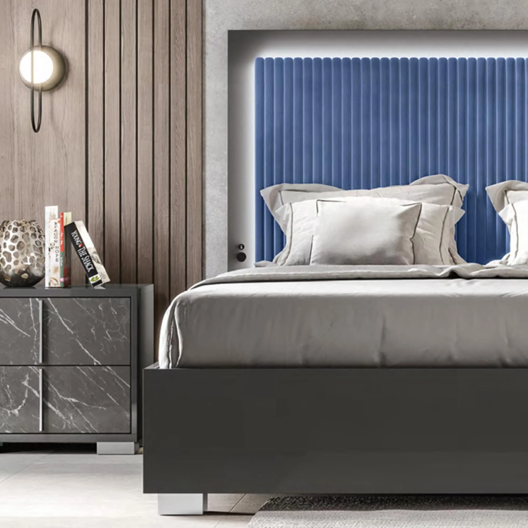 Carvelle Night Italian Quilted Headboard Bed - Blue