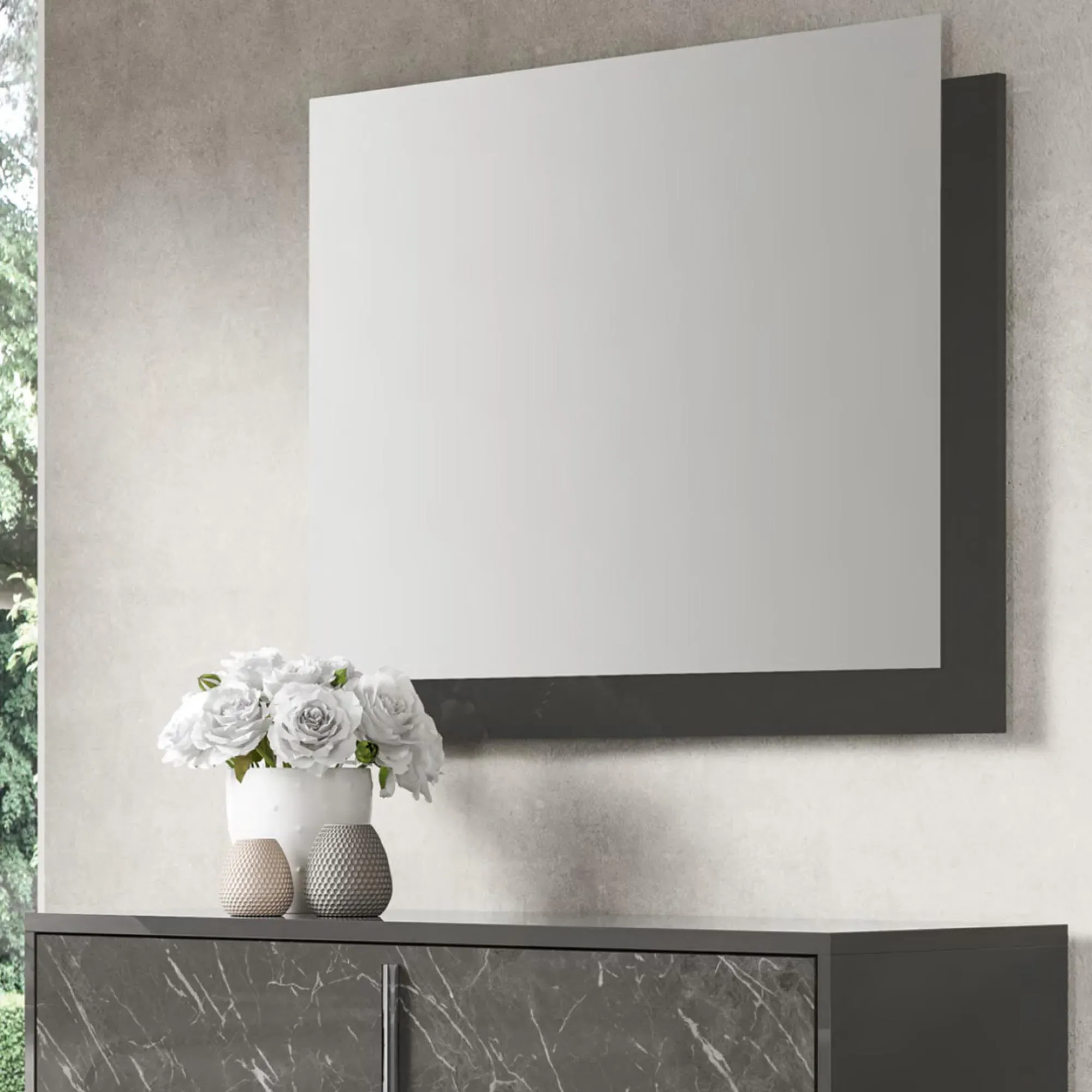 Carvelle Night Rectangular Wall Mirror - Glossy Grey, Particle Board