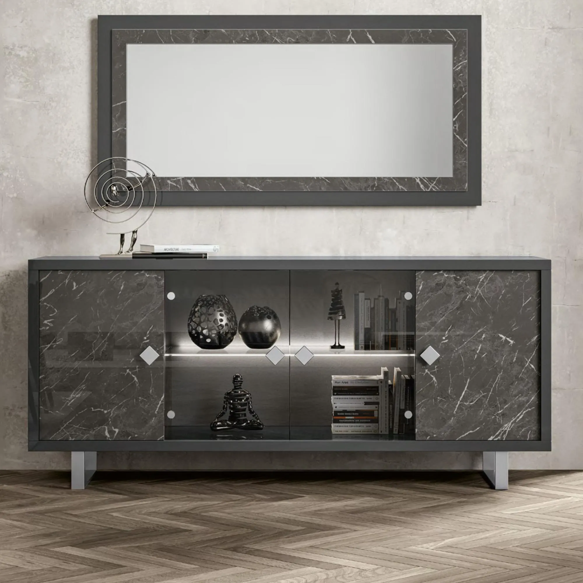 Carvelle Rectangular Wall Mirror - Grey, Particle Board