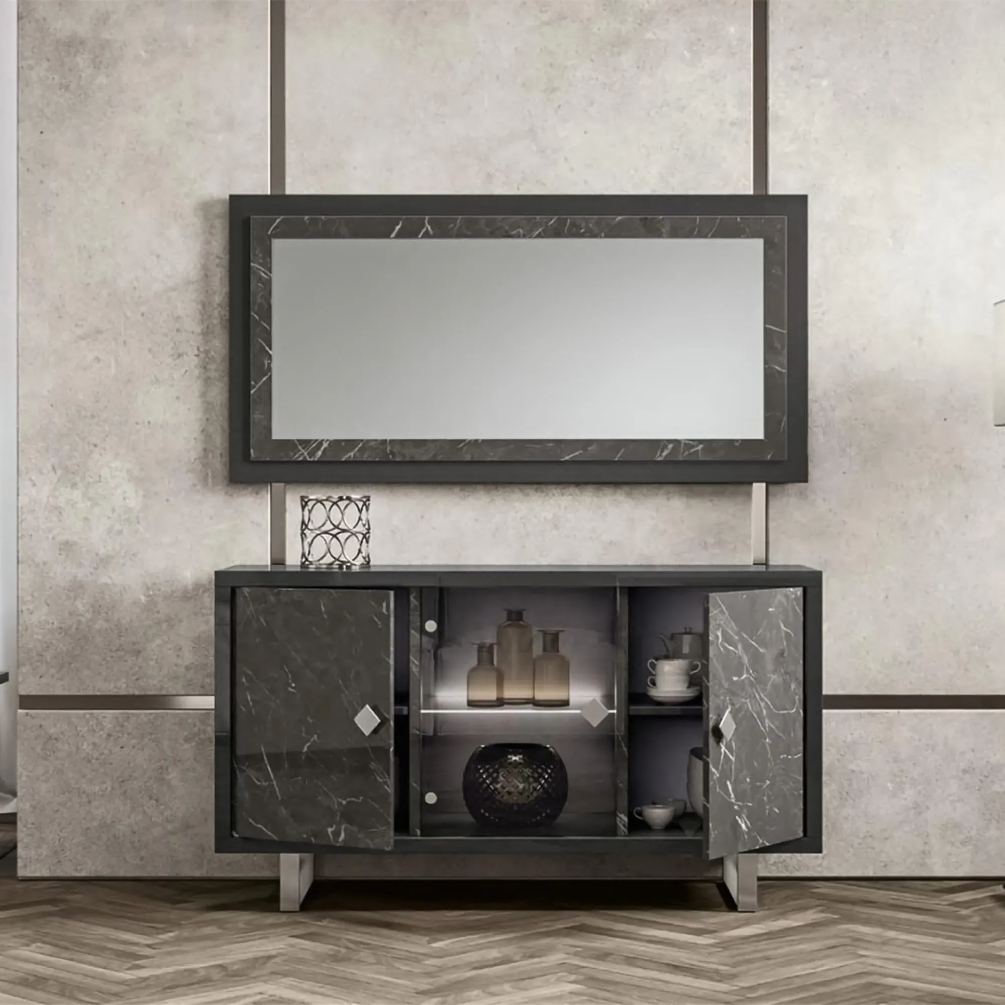 Carvelle Rectangular Wall Mirror - Grey, Particle Board