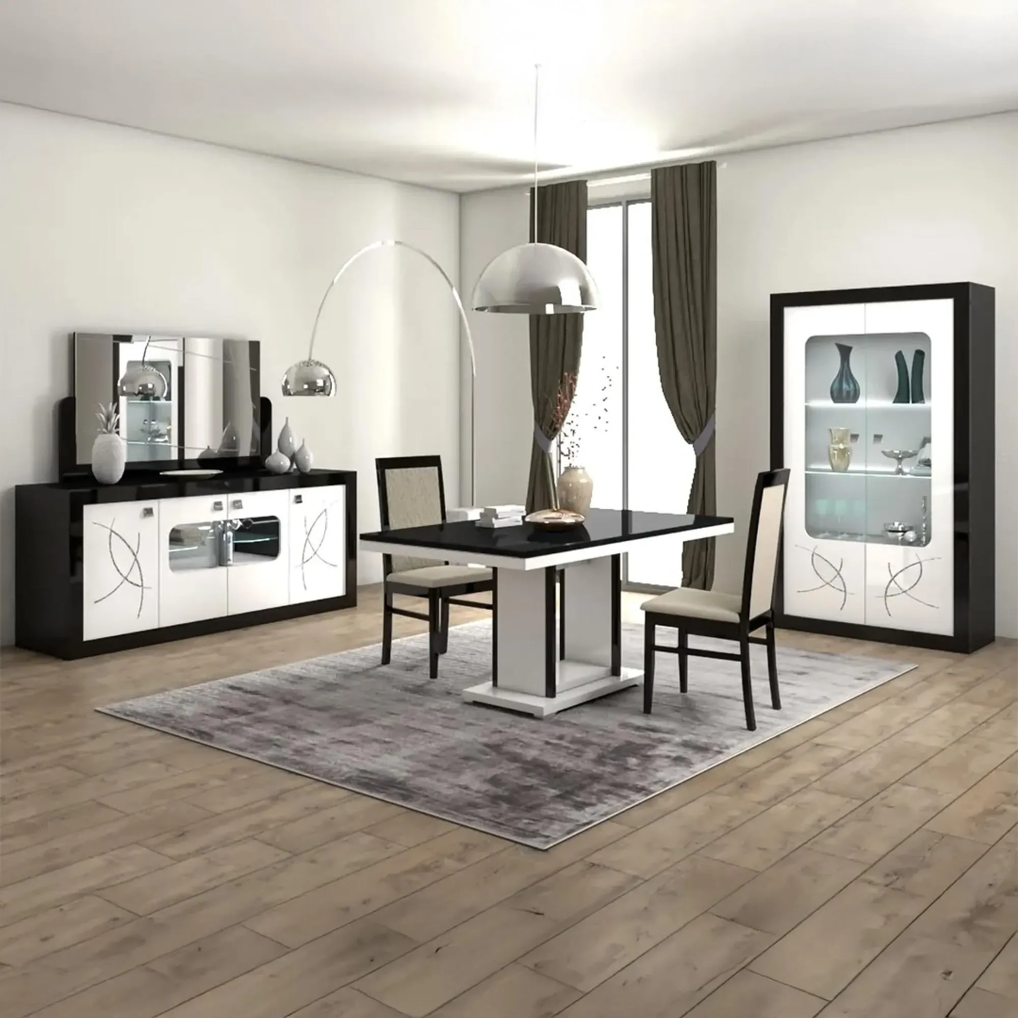 Enna 6-Seater Pedestal Dining Table - Black Marble, Particle Wood