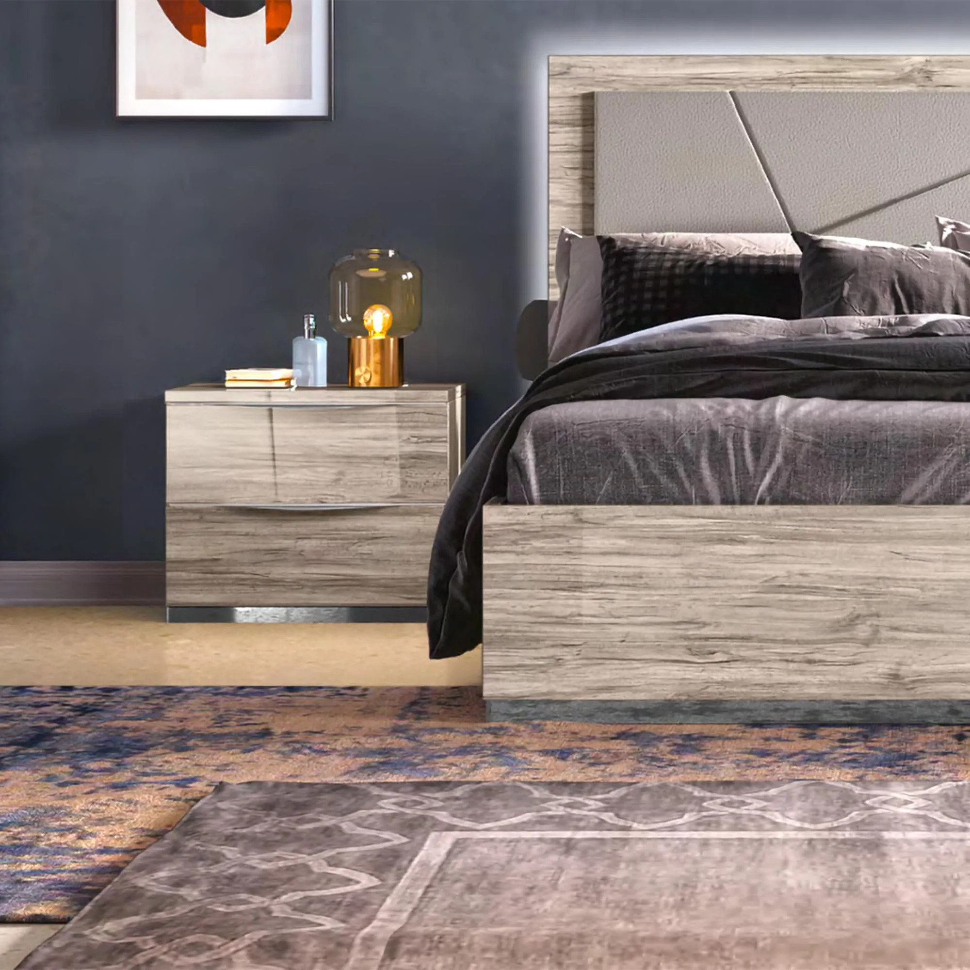 Laura Oak Grain Effect 2 Drawer Bedside Cabinet - Grey