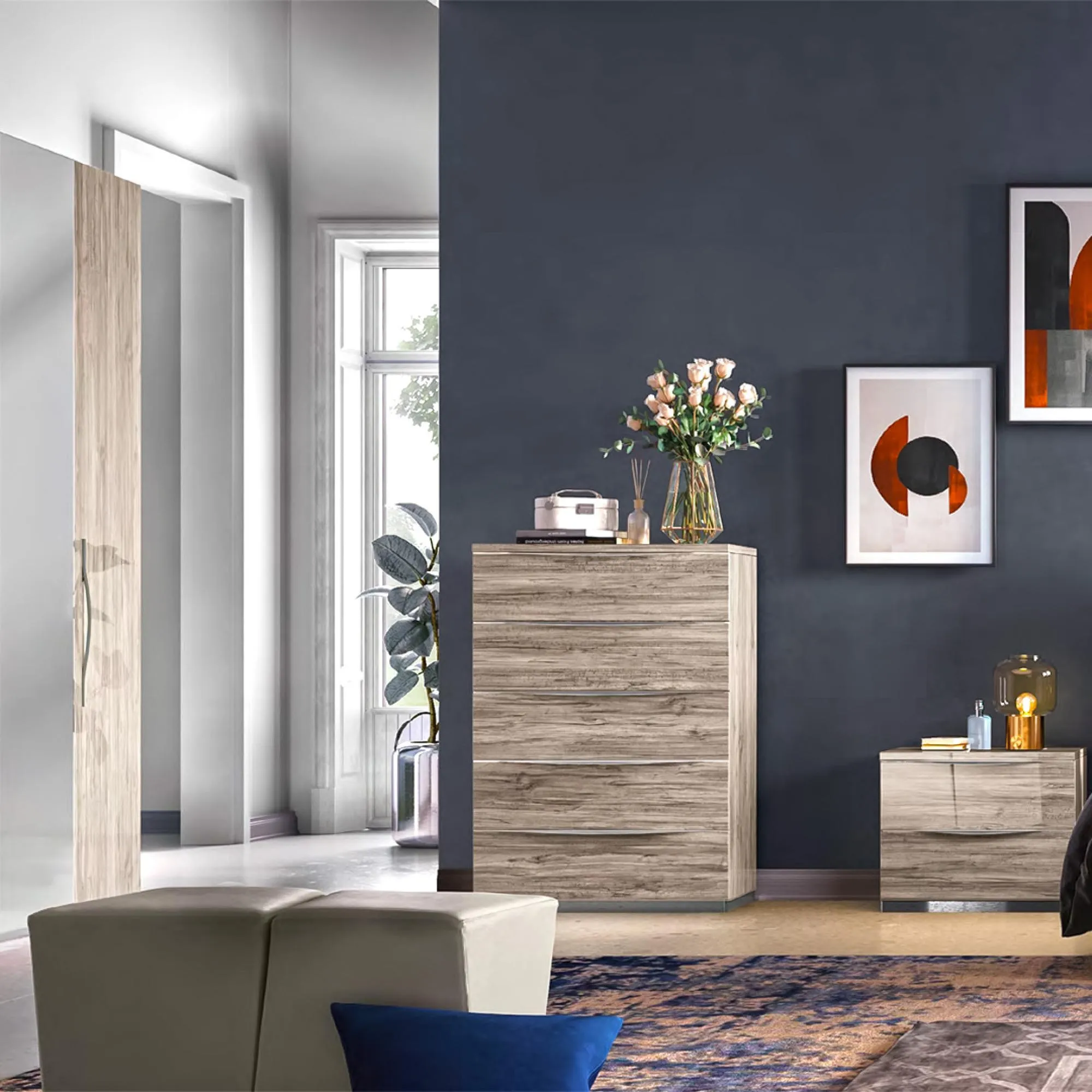 Laura Oak Grain Effect 5 Drawer Chest - Grey