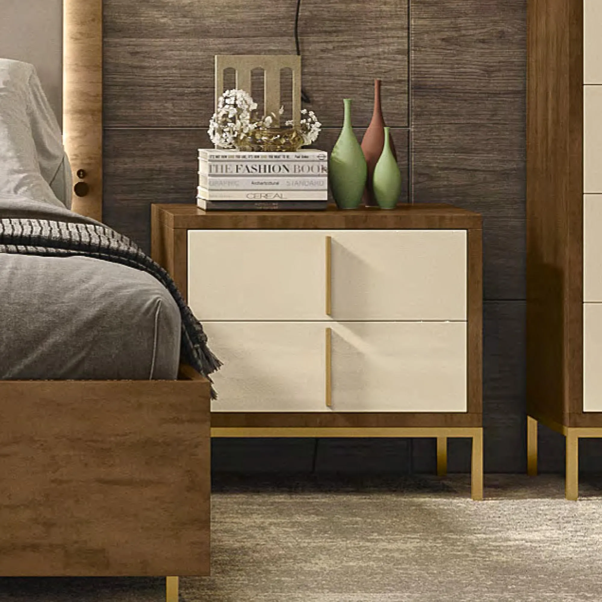 Meridian 2 Drawer Bedside Cabinet - Cream, Walnut