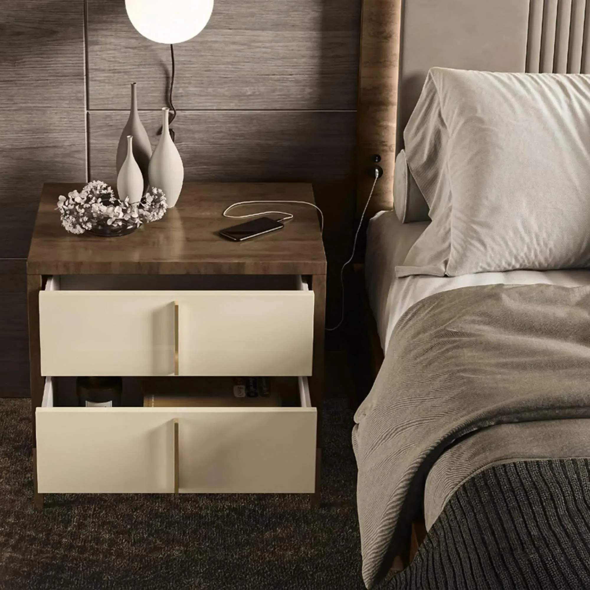 Meridian 2 Drawer Bedside Cabinet - Cream, Walnut