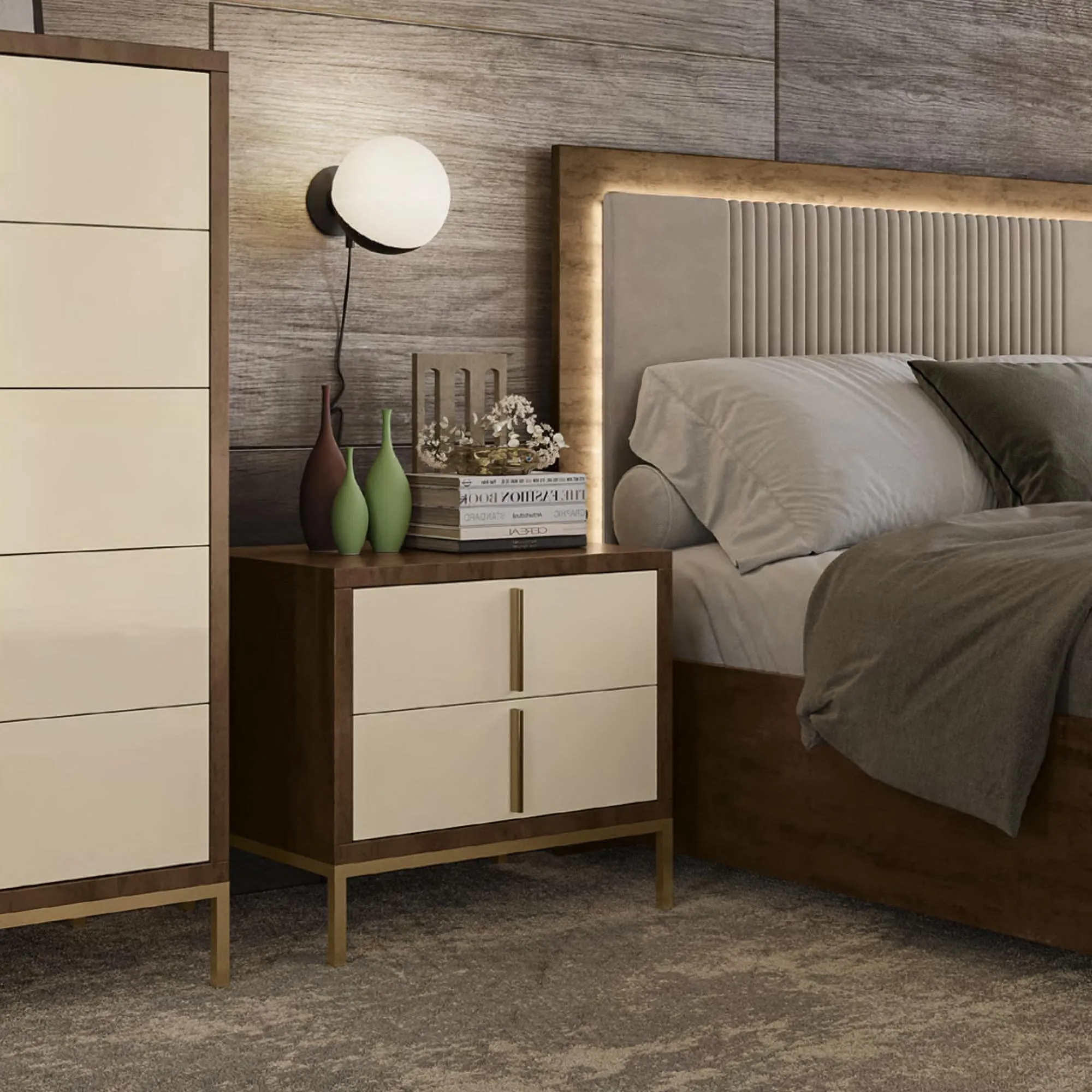 Meridian 2 Drawer Bedside Cabinet - Cream, Walnut