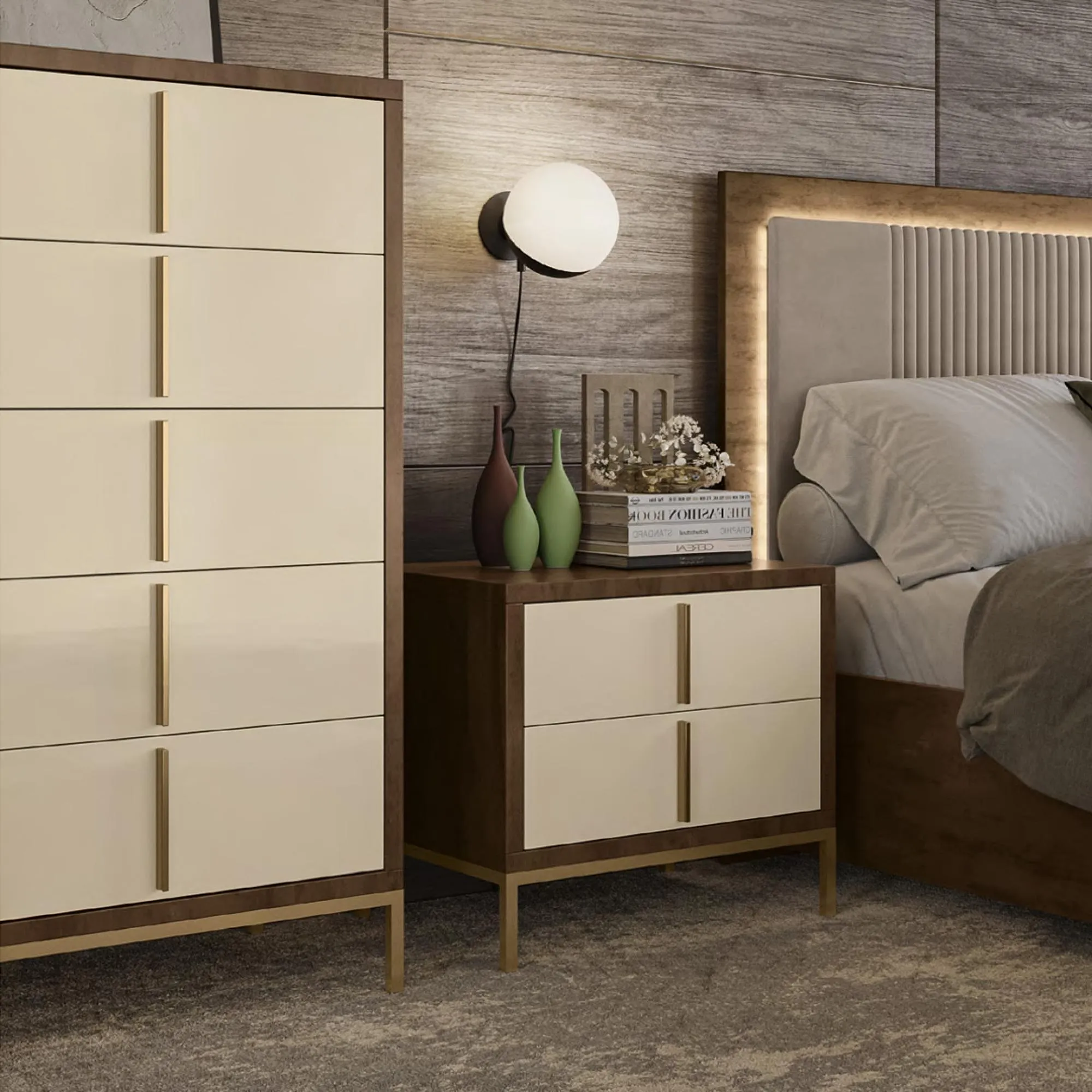 Meridian 5 Drawer Chest - Cream, Walnut