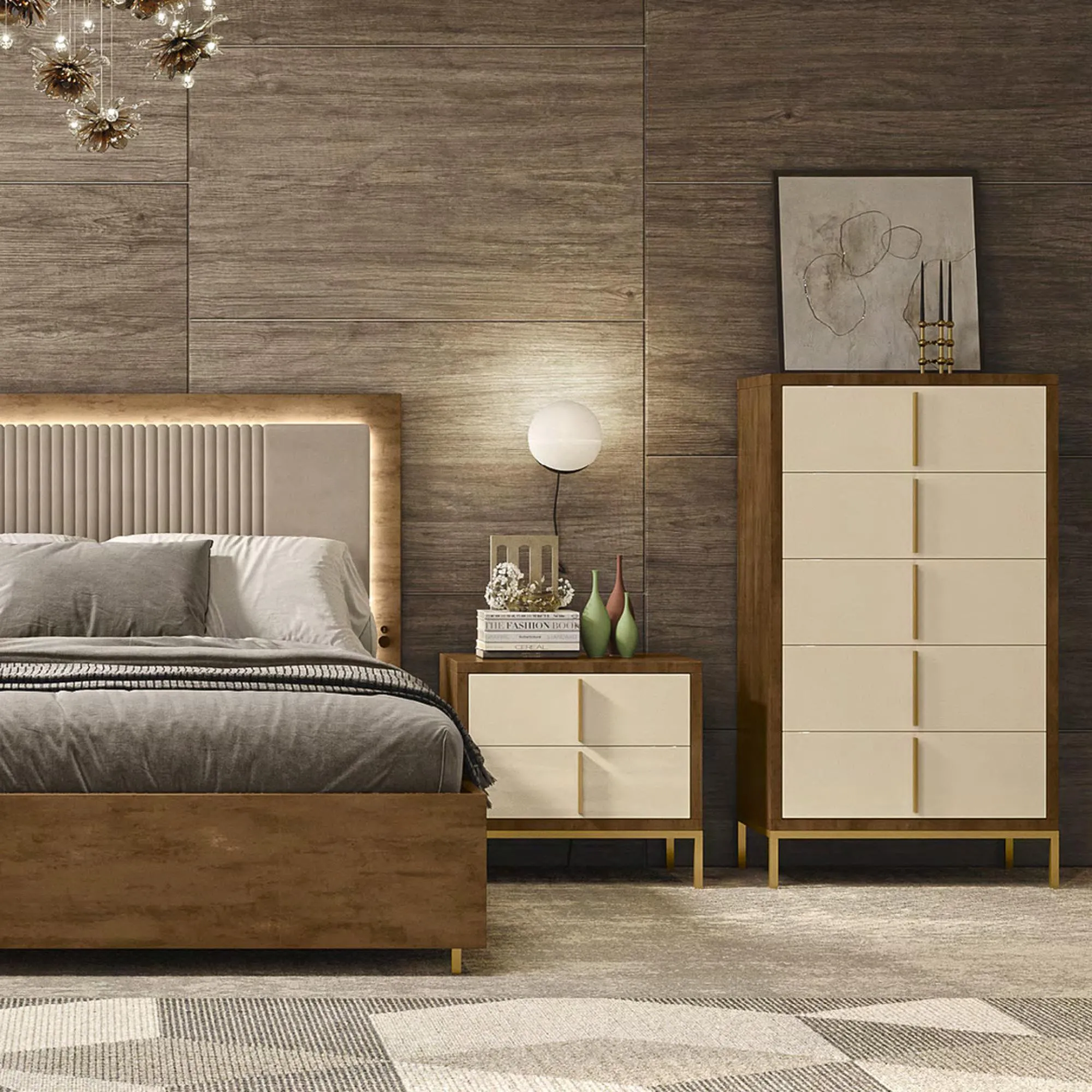 Meridian 5 Drawer Chest - Cream, Walnut