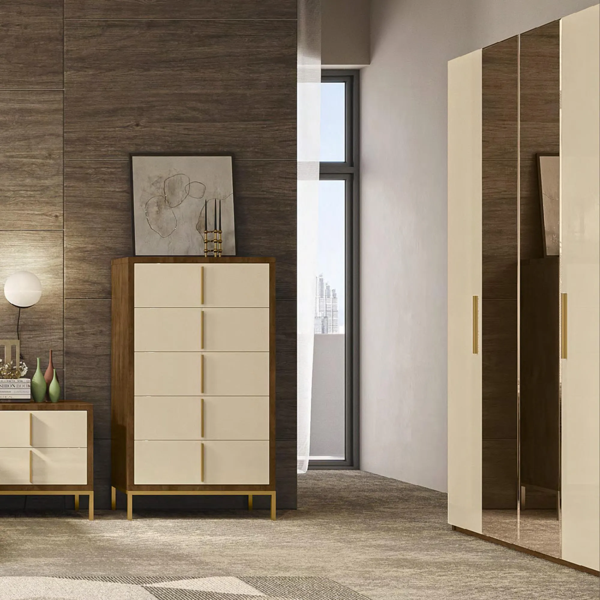 Meridian Italian Wardrobe - Cream, Walnut