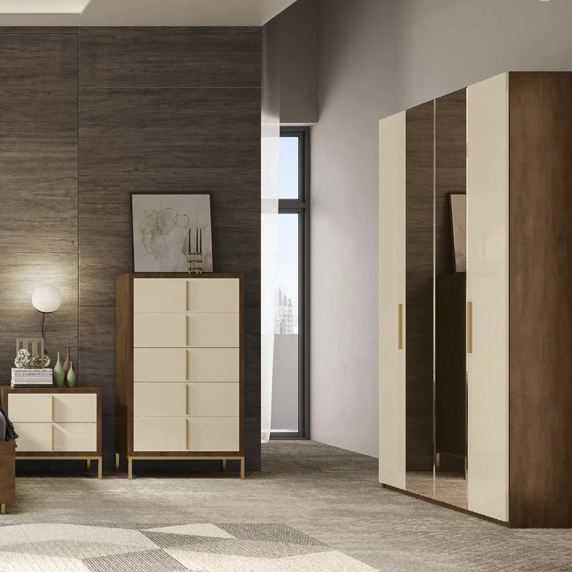 Meridian Italian Wardrobe - Cream, Walnut