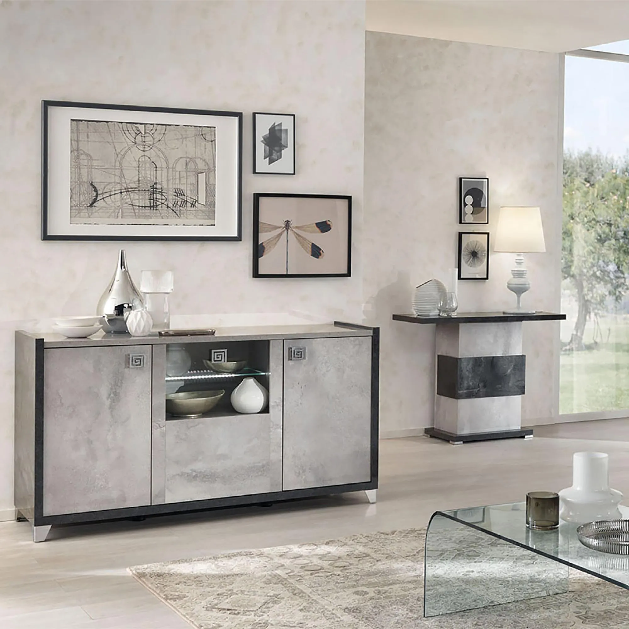 Milo 160cm 3 Door Sideboard with LED - Grey, Particle Wood