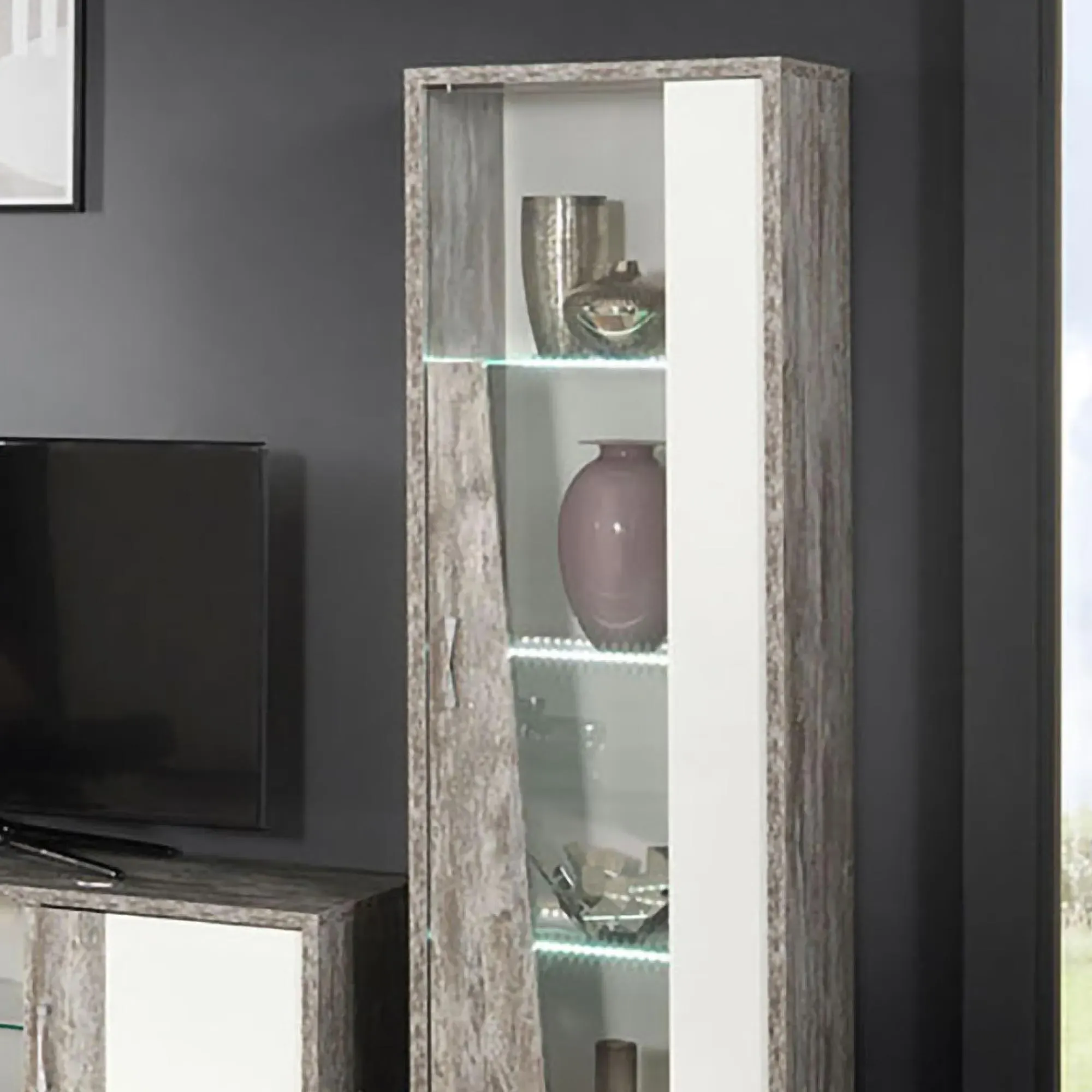 Naro 1 Door Vitrine LHF with LED Light - Dove Grey, Glass