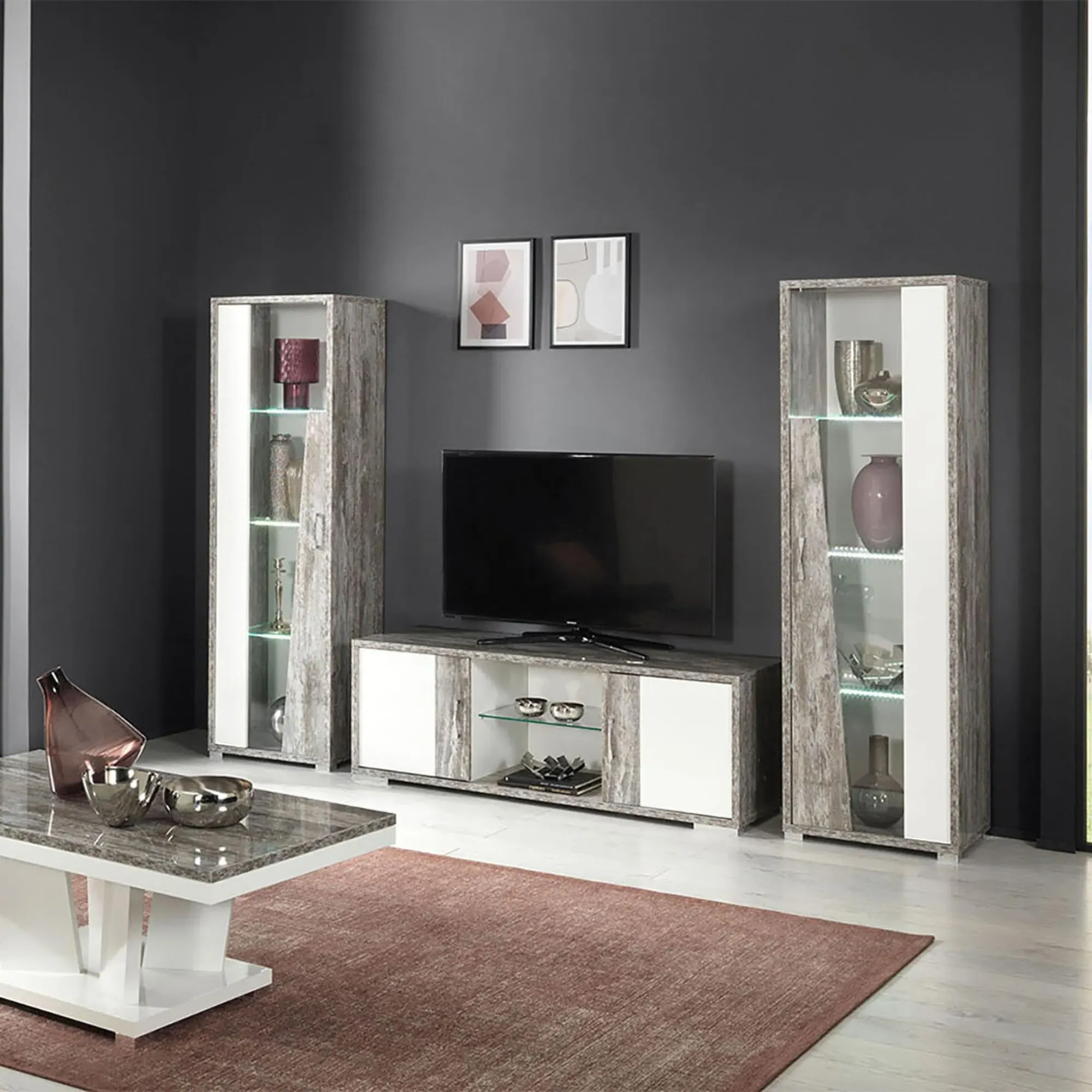 Naro 1 Door Vitrine LHF with LED Light - Dove Grey, Glass