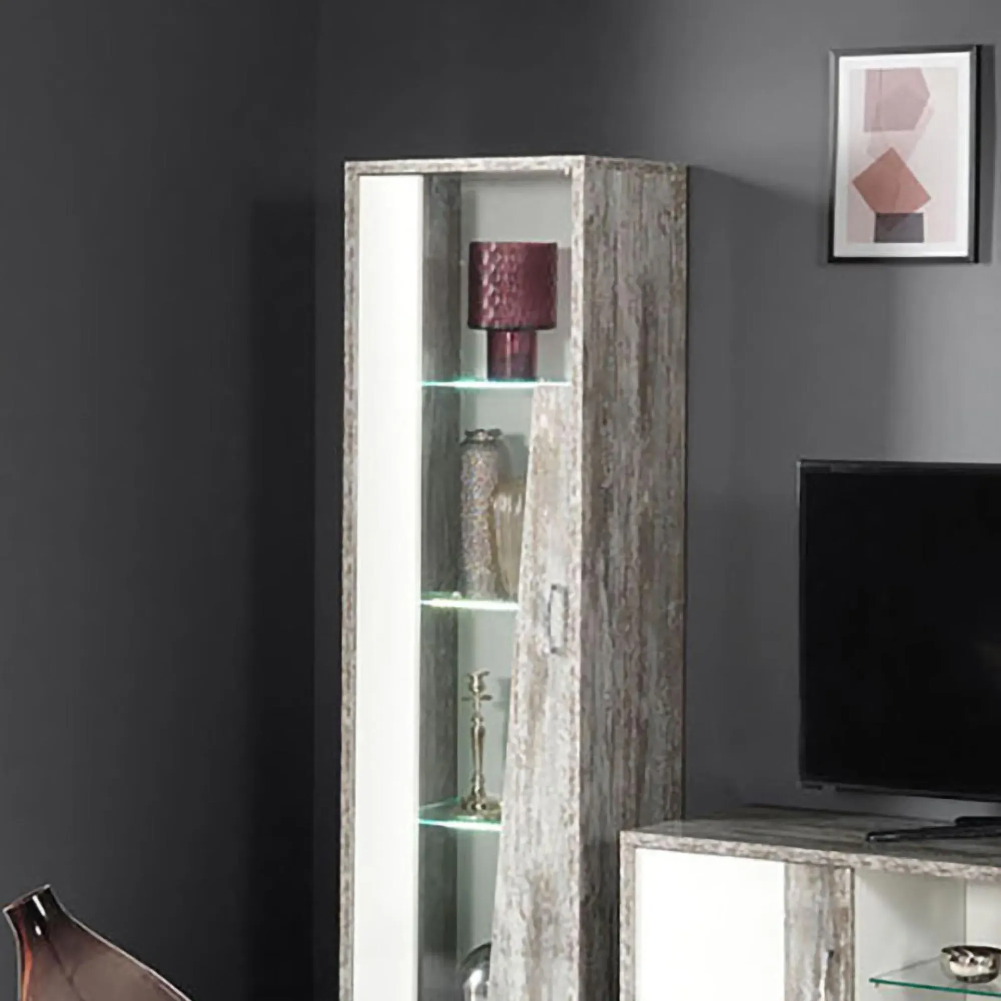 Naro 1 Door Vitrine RHF with LED Light - Dove Grey, Glass