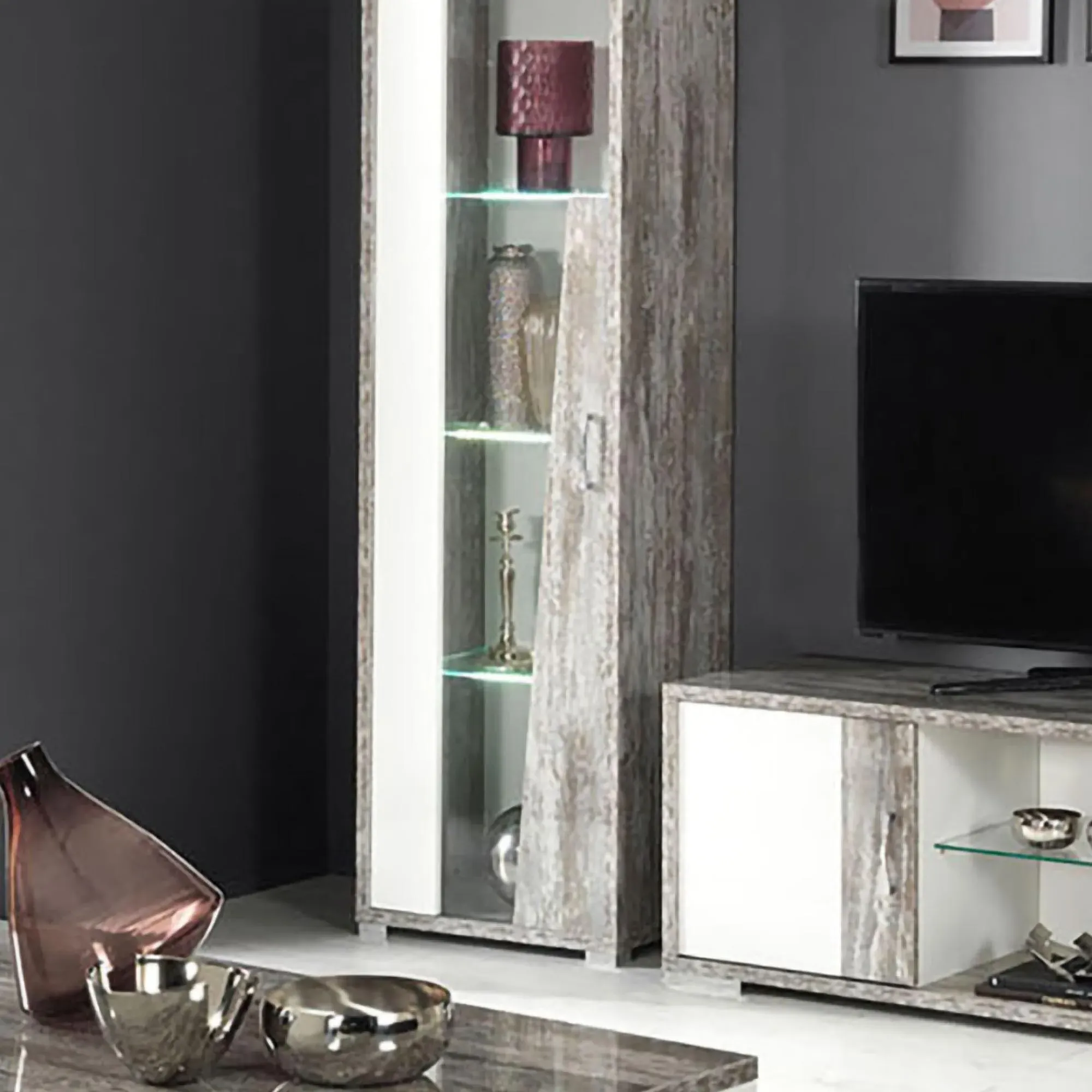 Naro 1 Door Vitrine RHF with LED Light - Dove Grey, Glass