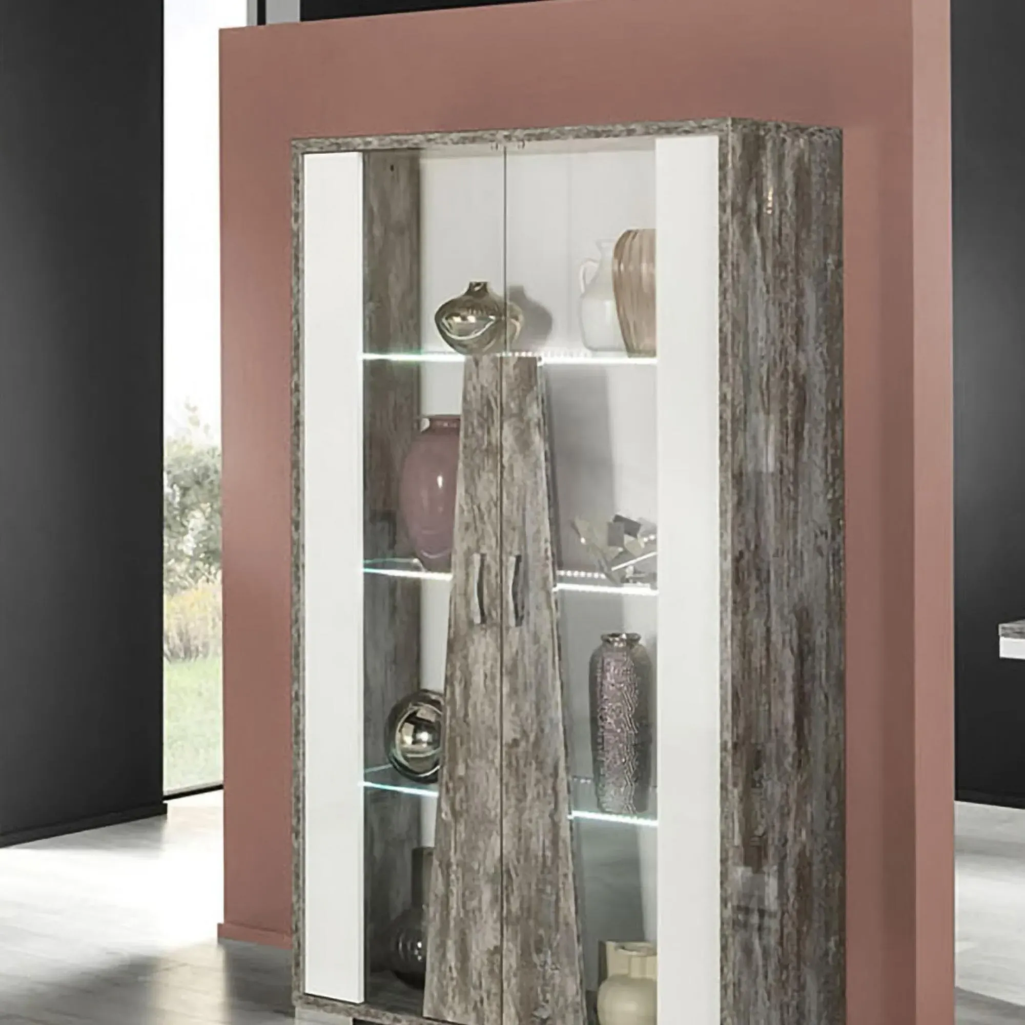 Naro 2 Door Vitrine with LED Light - Dove Grey, Glass