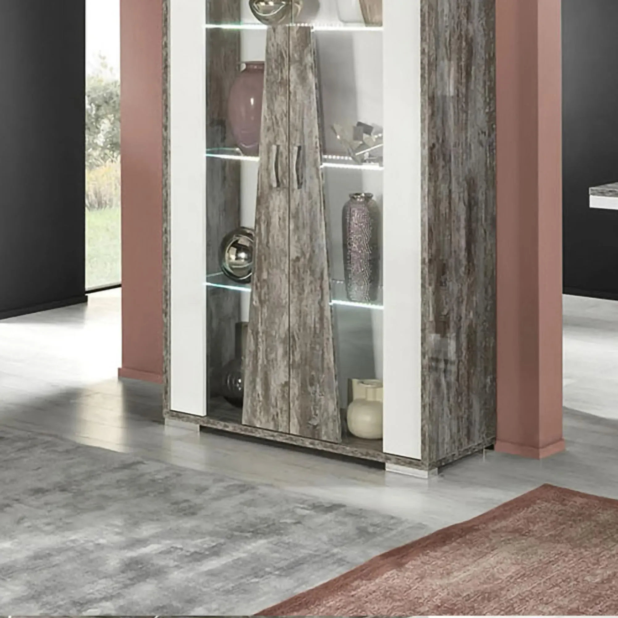 Naro 2 Door Vitrine with LED Light - Dove Grey, Glass