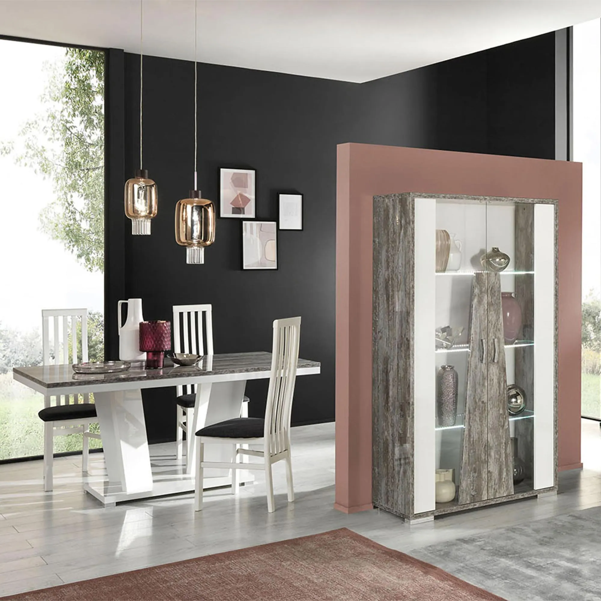 Naro Dining Set with 4 Slatted Back Chairs - Dove Grey, White