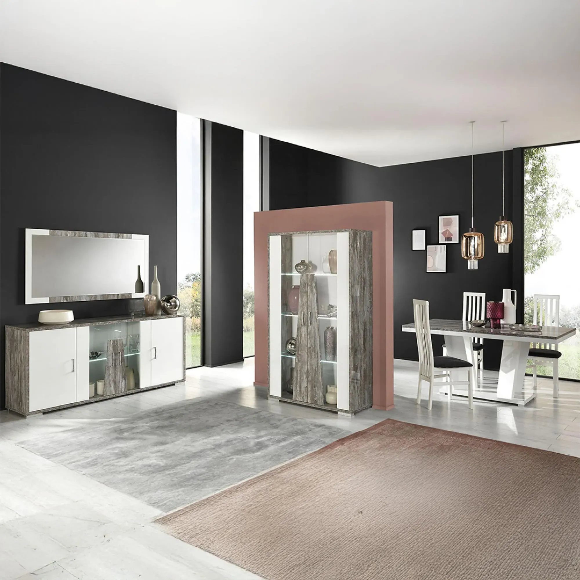 Naro Dining Set with 4 Slatted Back Chairs - Dove Grey, White