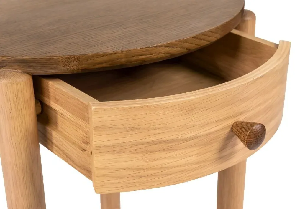 Grace Round Bedside Table with Drawer - Natural Oak