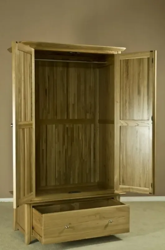Shaker Oak 2 Door 1 Drawer Wardrobe - Natural Lacquered
