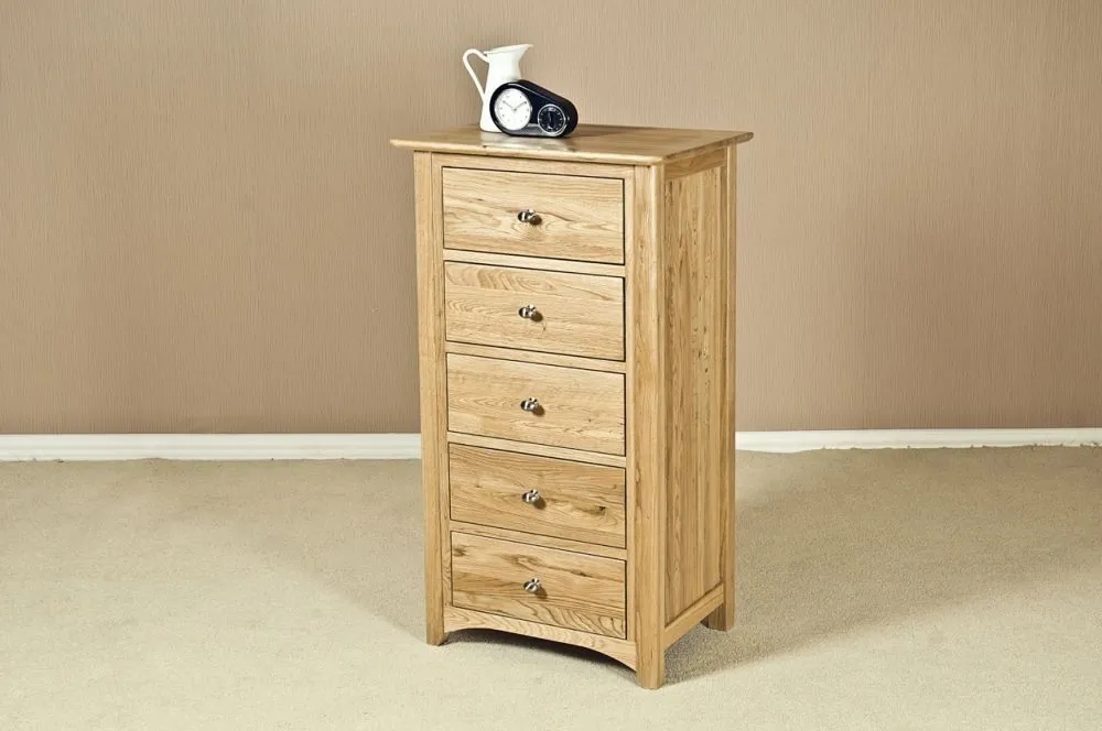 Shaker Oak 5 Drawer Chest - Natural Lacquered