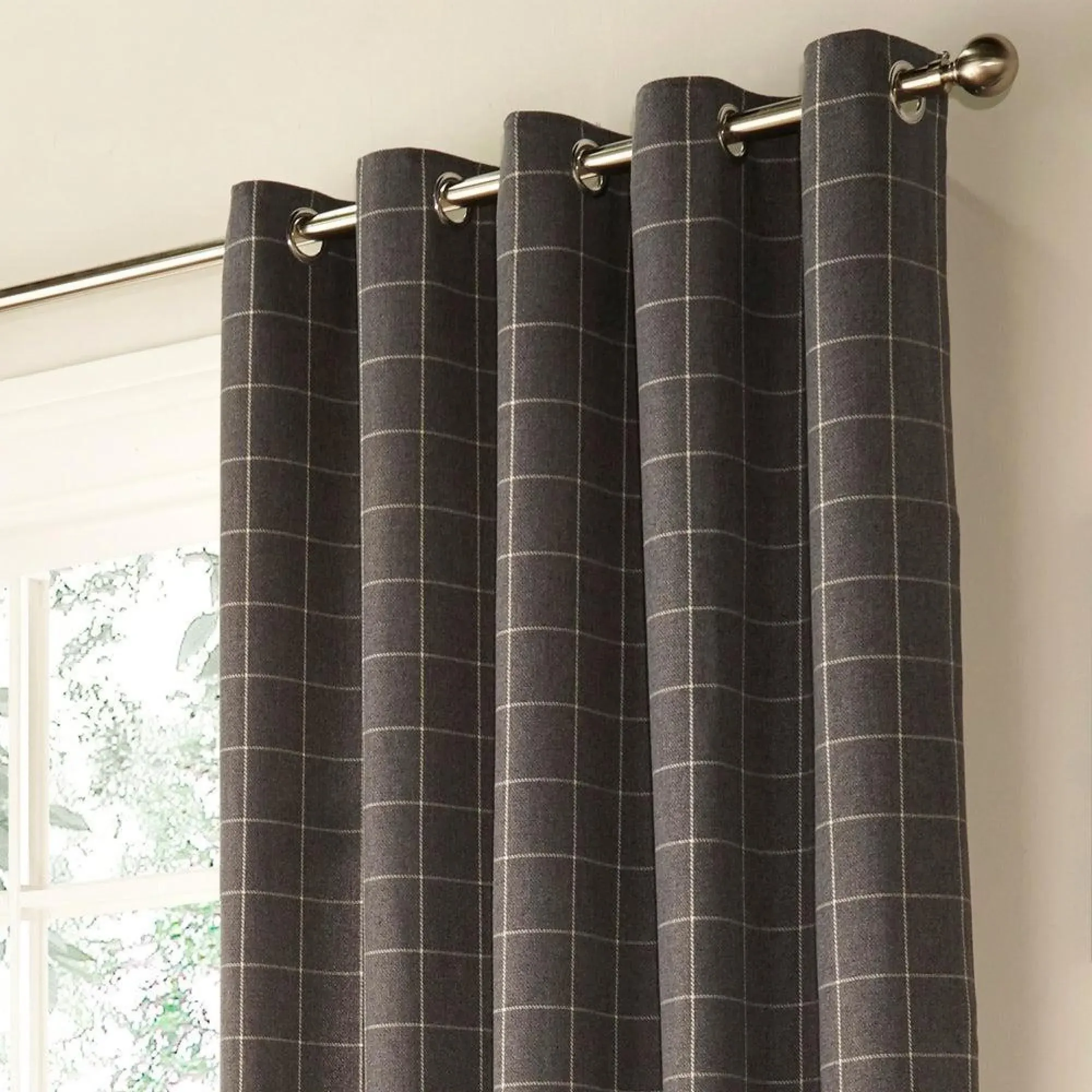 Ellis Windowpane Check Eyelet Curtains - Grey