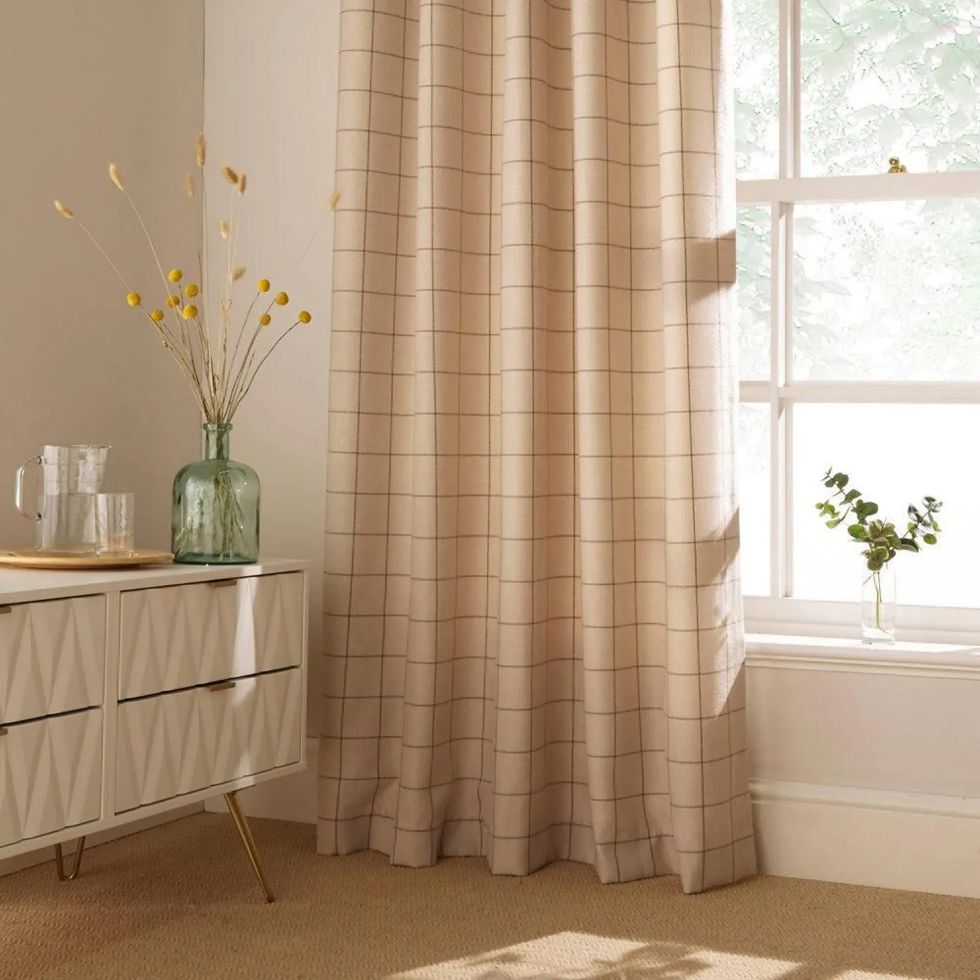 Ellis Windowpane Check Eyelet Curtains - Natural