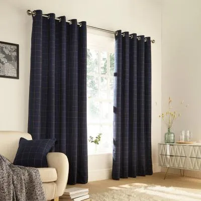 Ellis Windowpane Check Eyelet Curtains - Navy