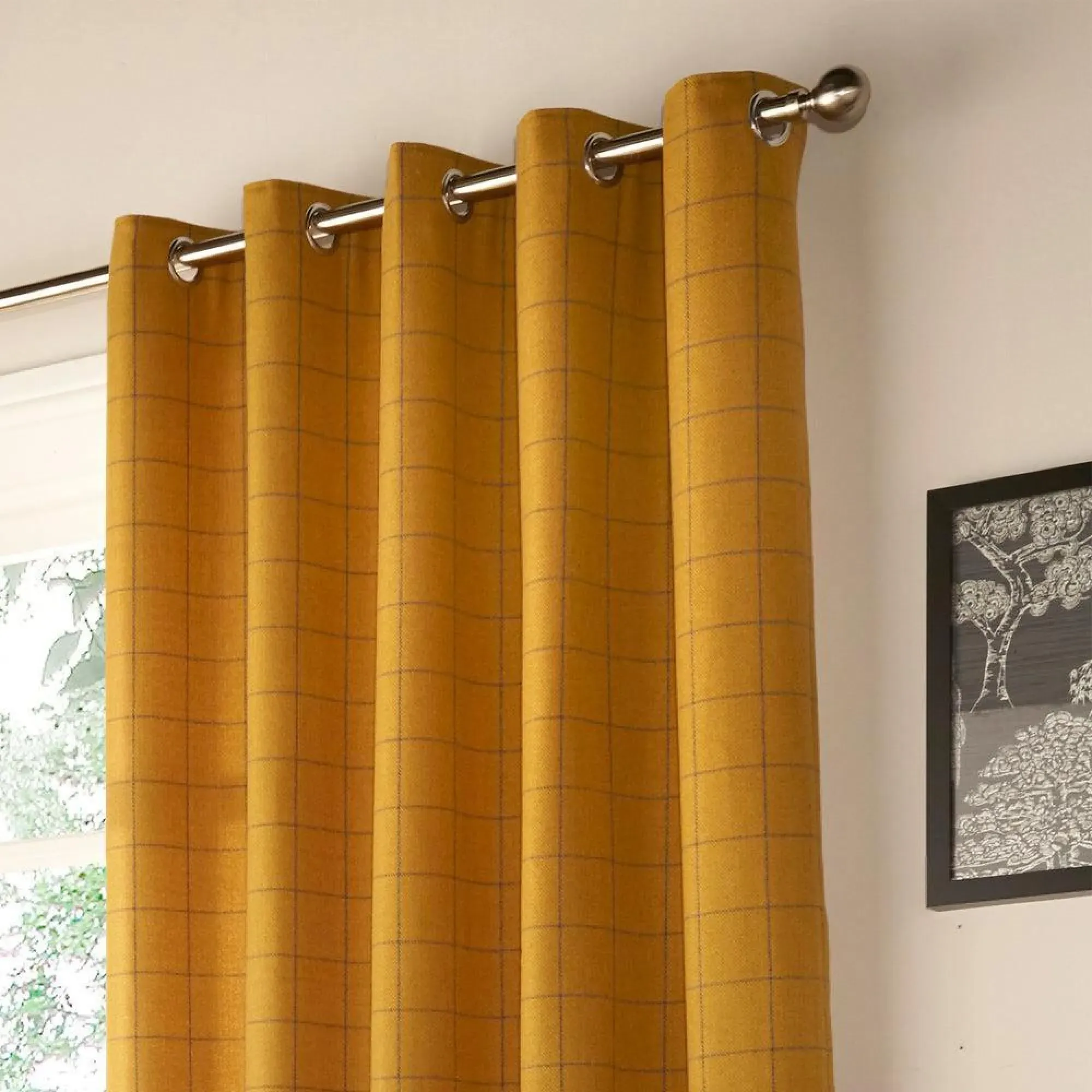 Ellis Windowpane Check Eyelet Curtains - Ochre