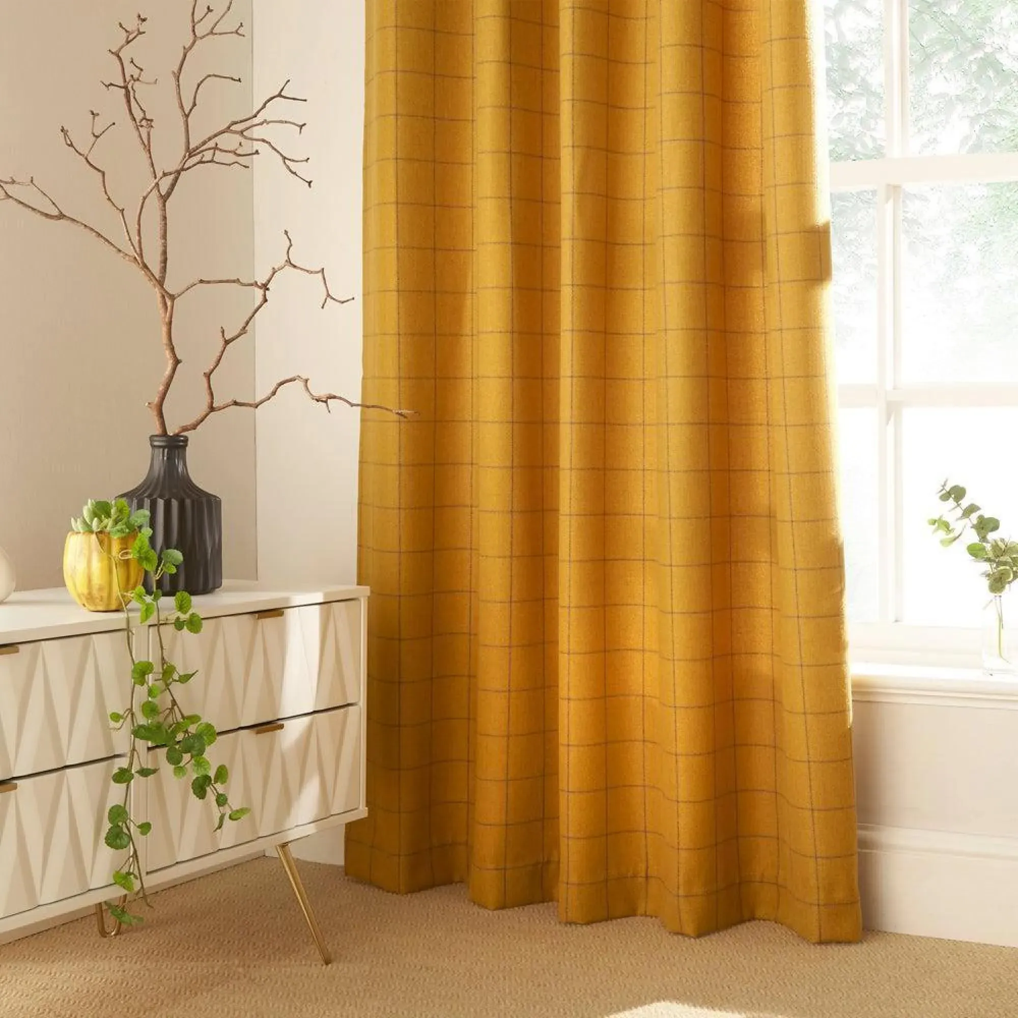 Ellis Windowpane Check Eyelet Curtains - Ochre