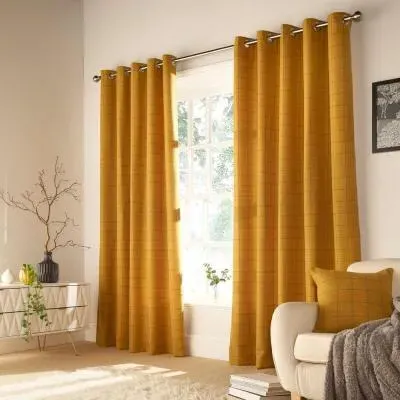 Ellis Windowpane Check Eyelet Curtains - Ochre