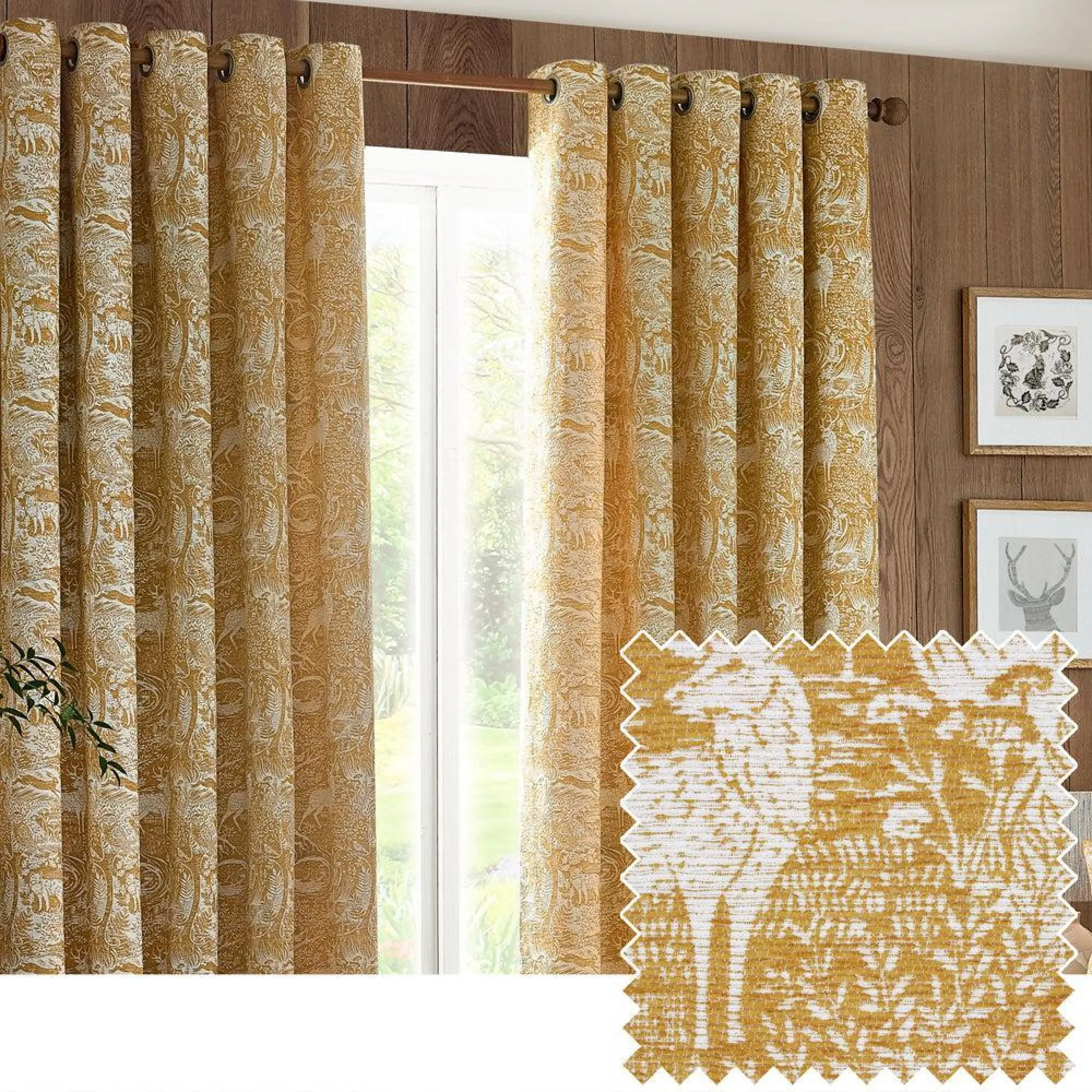 Winter Woods Animal Eyelet Curtains - Ochre, Chenille