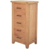 Hampshire Oak 5 Drawer Narrow Chest - Natural Lacquered