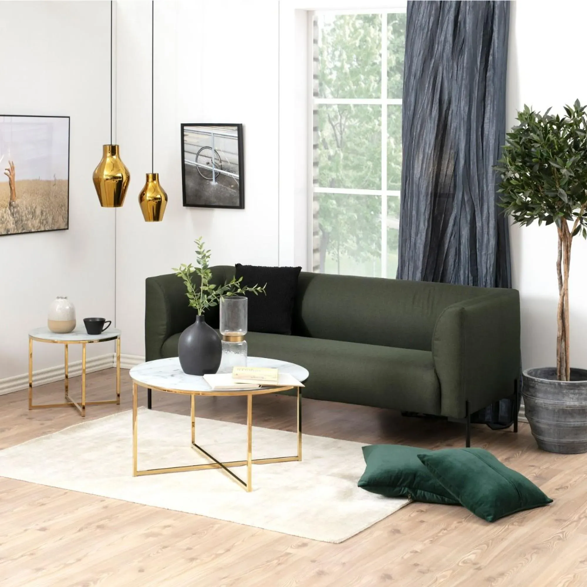 Alisma Round Coffee Table with Gold Legs - White, Marble Effect