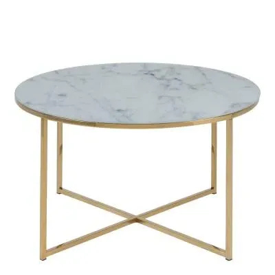 Alisma Round Coffee Table with Gold Legs - White, Marble Effect image