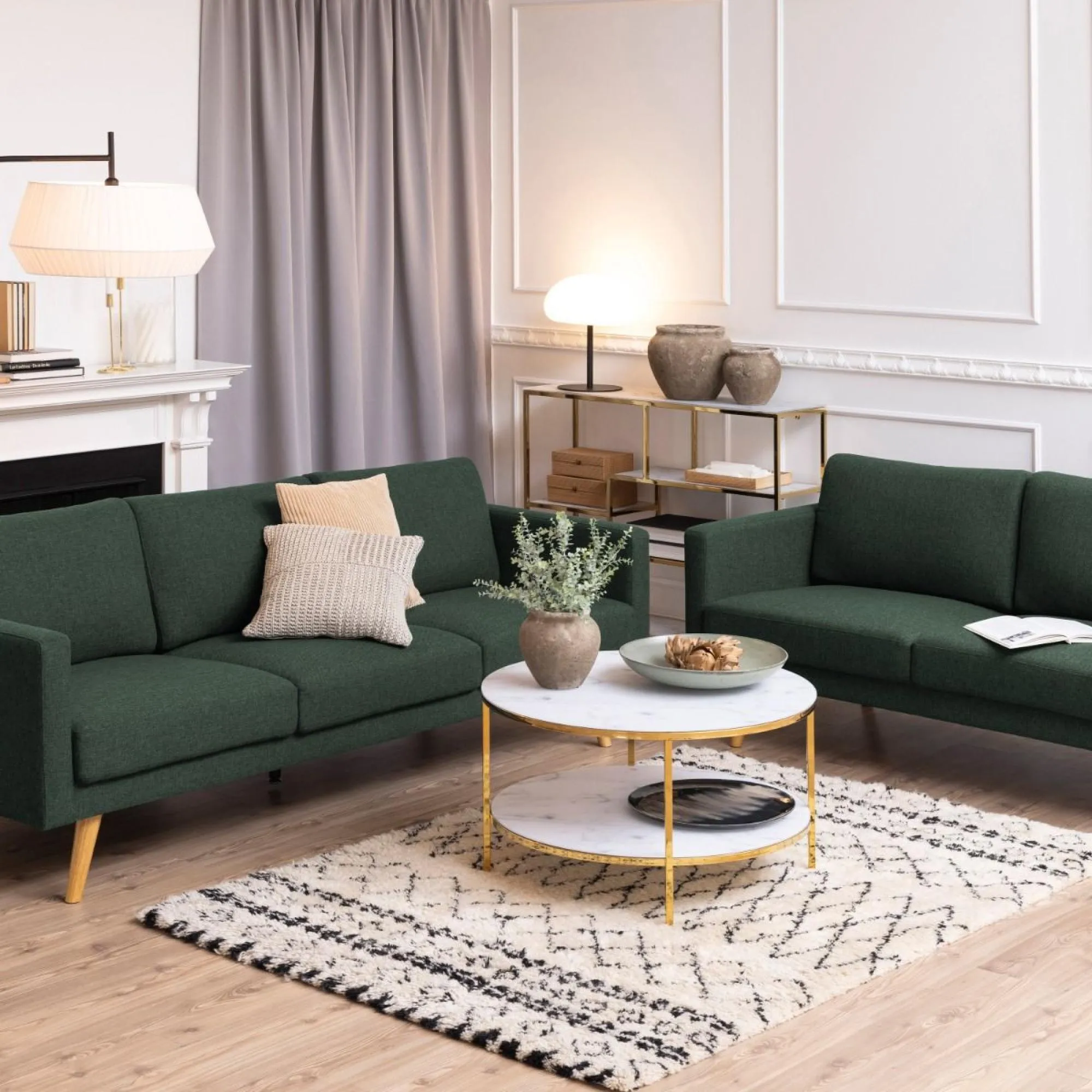 Alisma Round Coffee Table with Shelf - White, Marble Effect