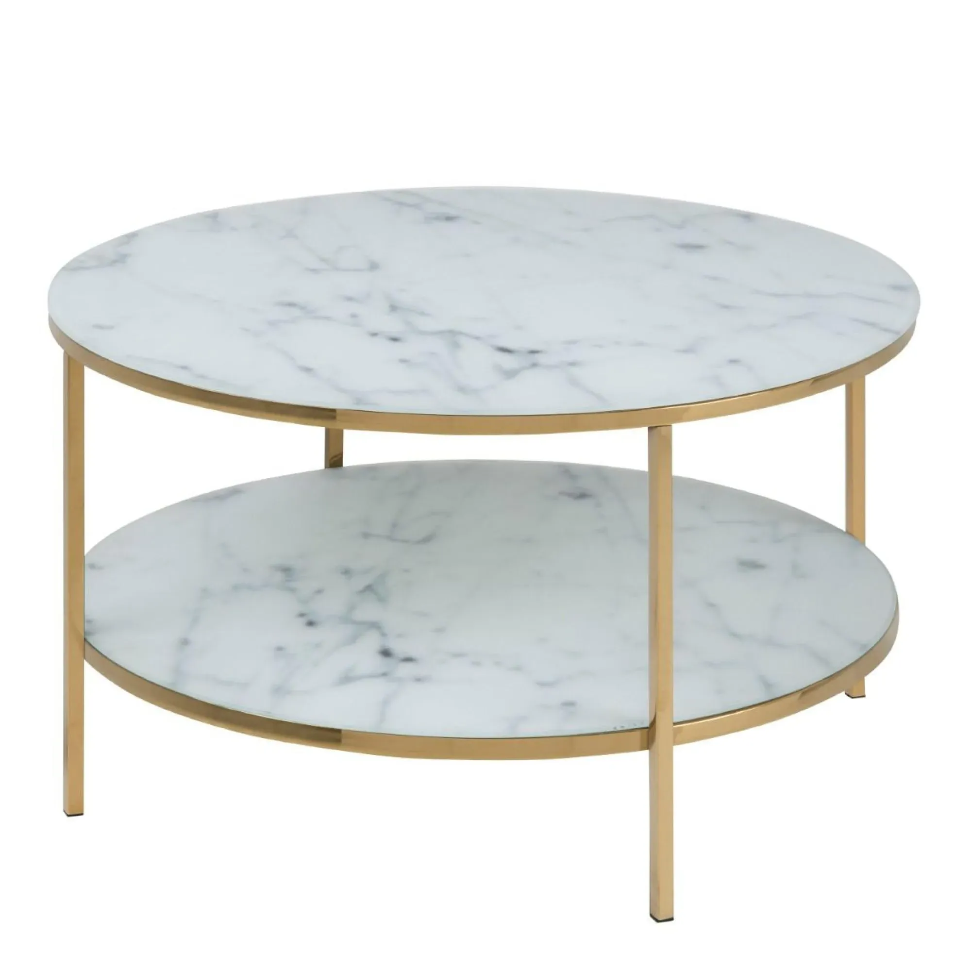 Alisma Round Coffee Table with Shelf - White, Marble Effect