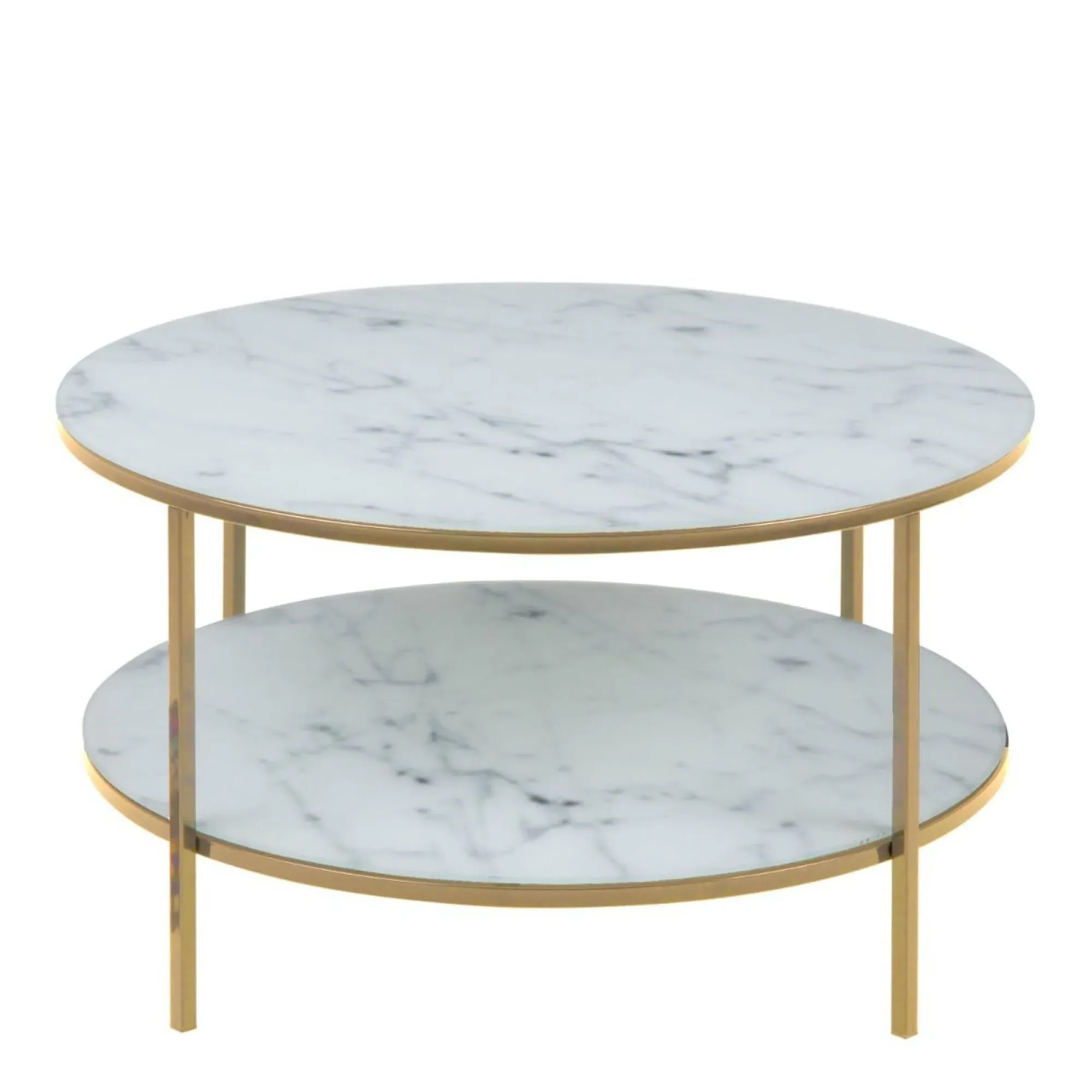 Alisma Round Coffee Table with Shelf - White, Marble Effect