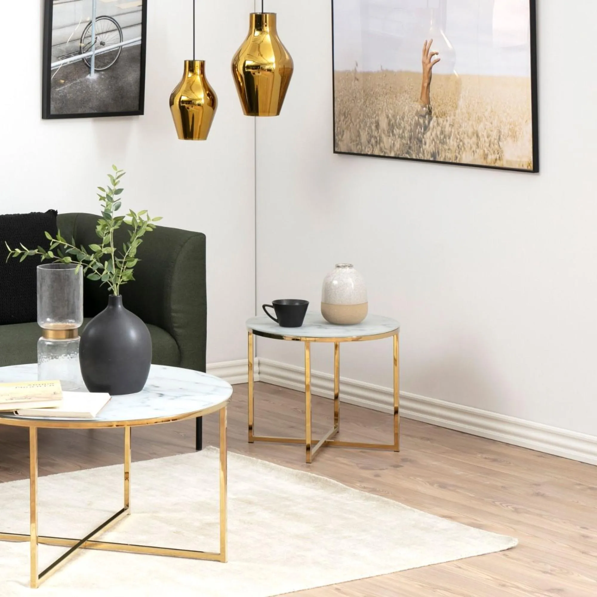 Alisma Round Side Table with Gold Legs - White, Marble Effect