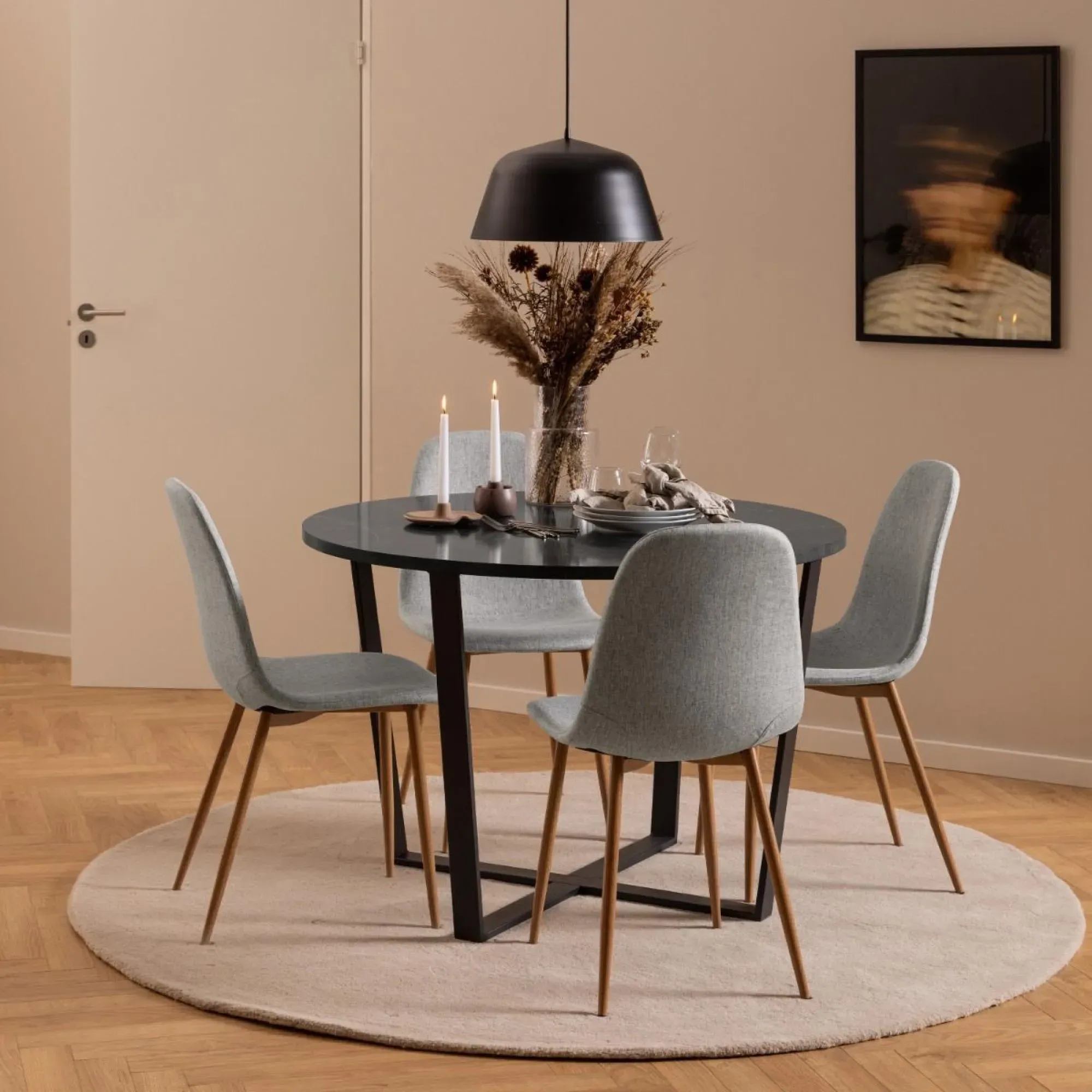 Amble 4 Seater Round Dining Table - Black, Marble Effect