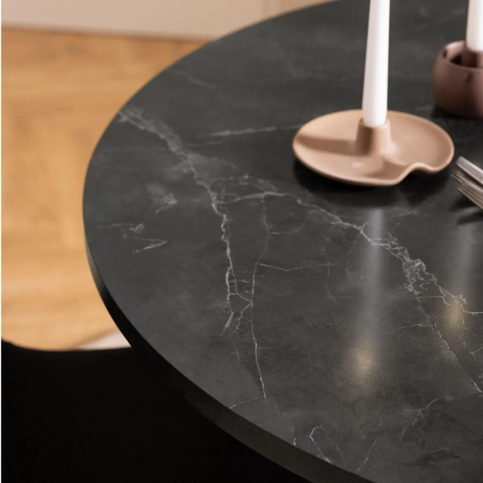 Amble 4 Seater Round Dining Table - Black, Marble Effect
