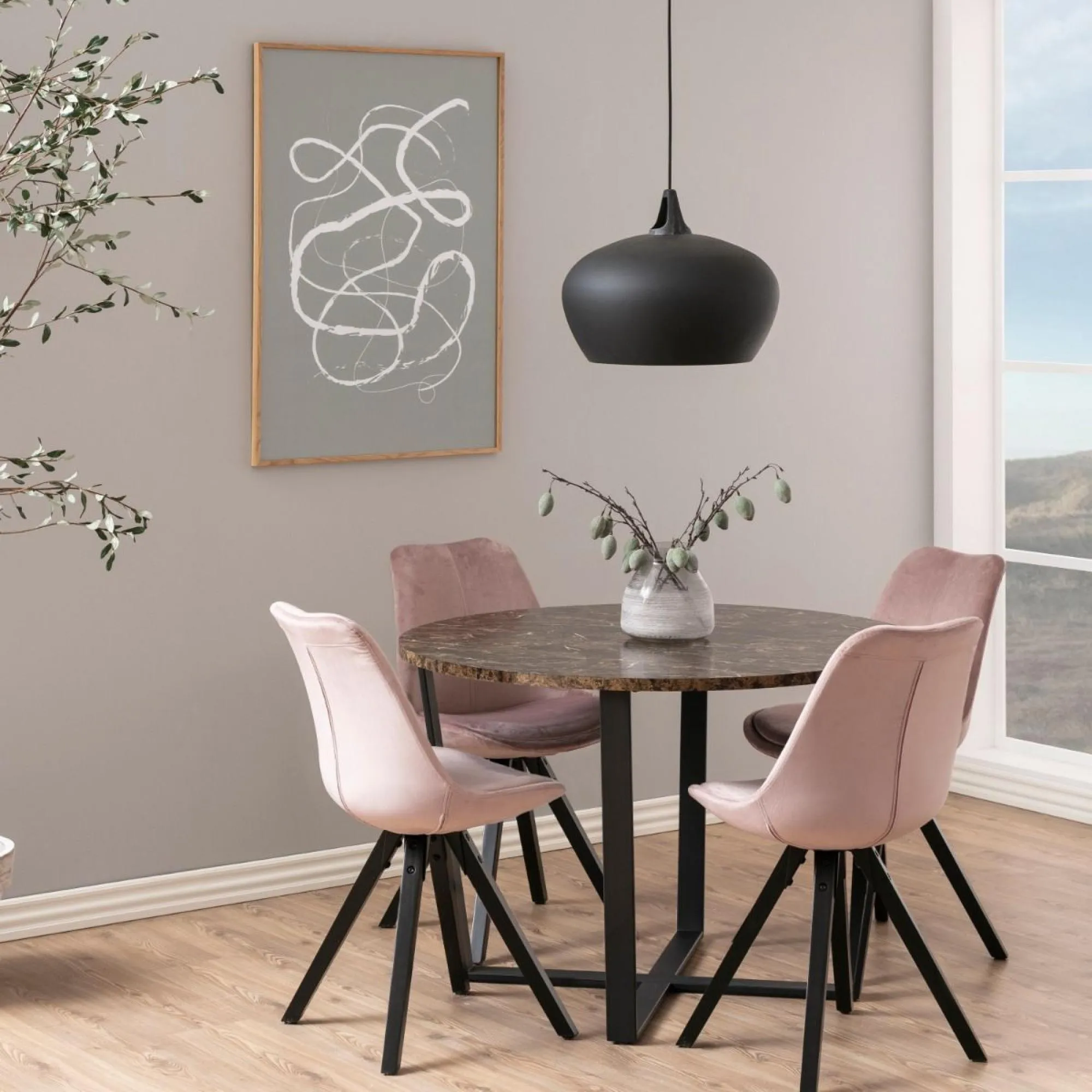 Amble 4 Seater Round Dining Table - Brown, Marble Effect