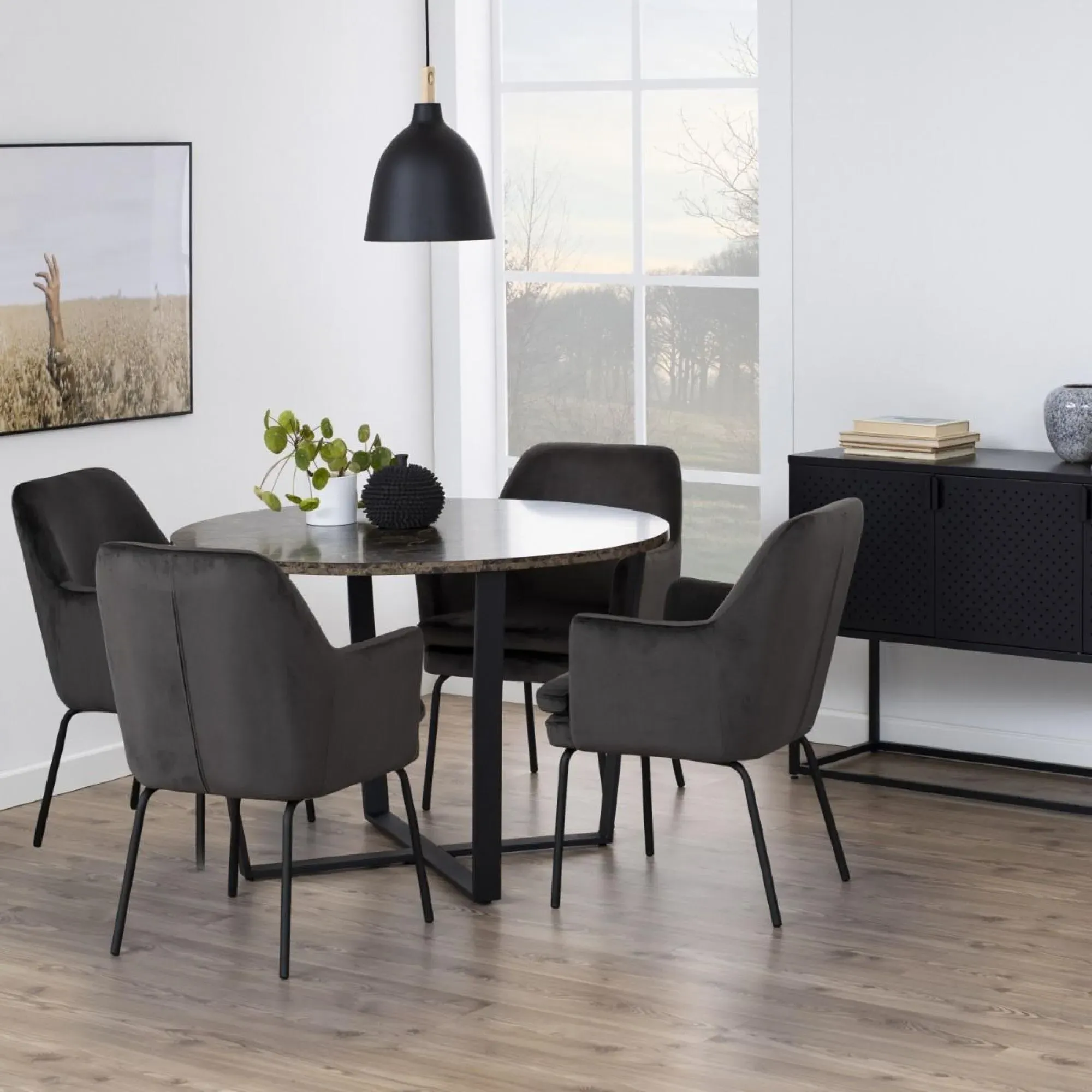 Amble 4 Seater Round Dining Table - Brown, Marble Effect
