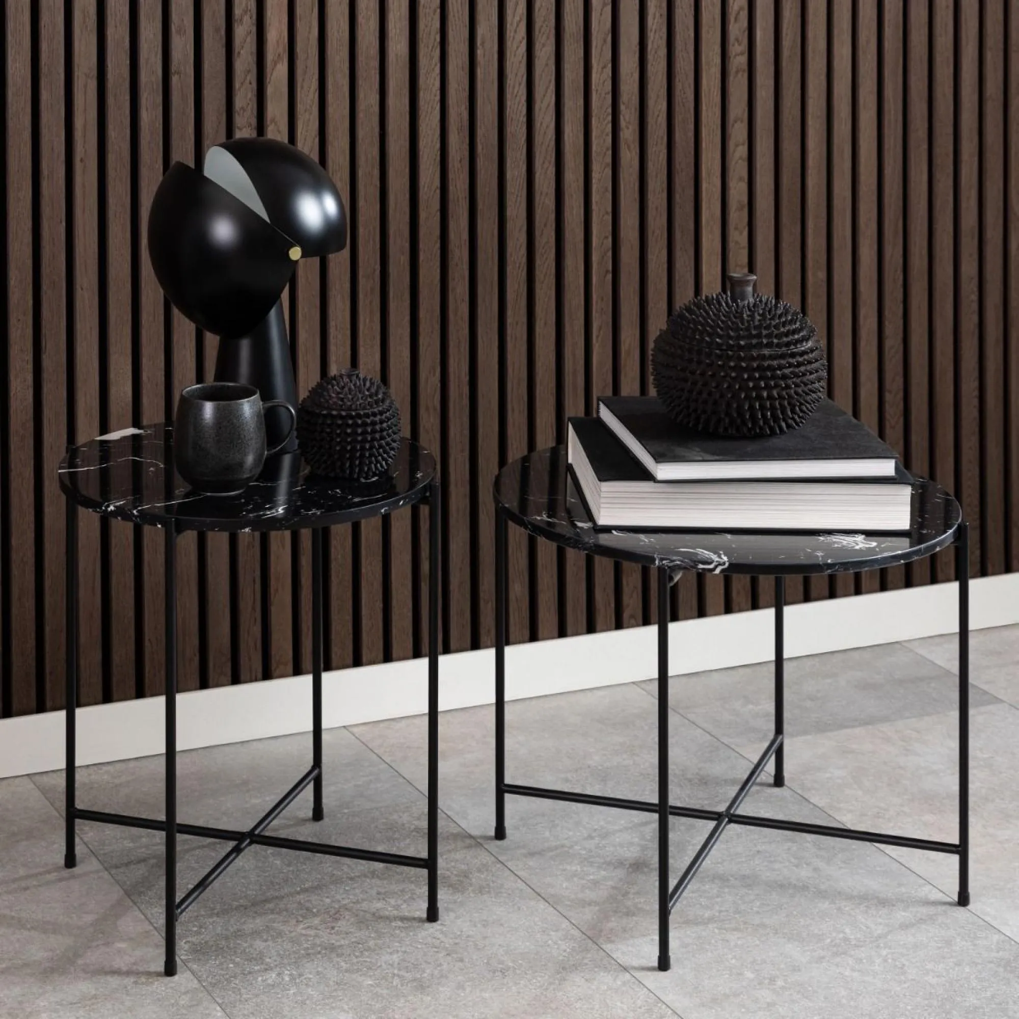 Avila Round Side Table - Black, Marble