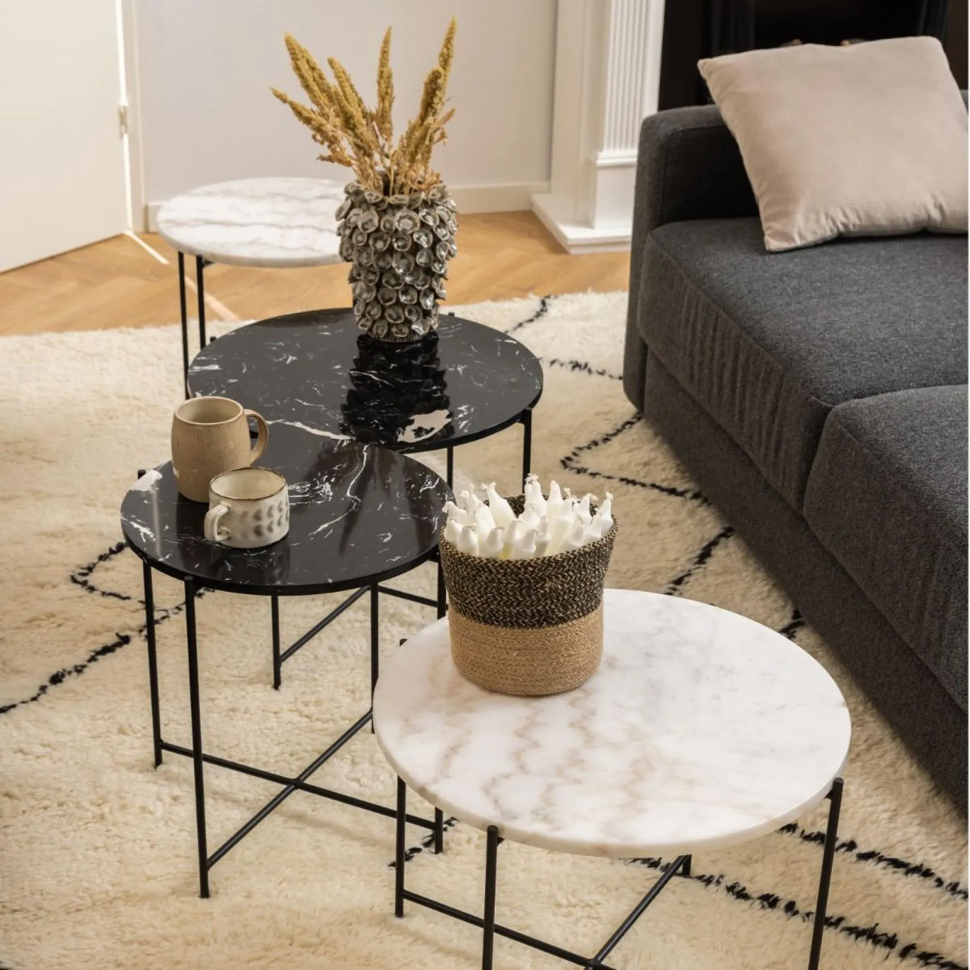 Avila Round Side Table - Black, Marble