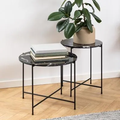 Avila Round Side Table - Black, Marble